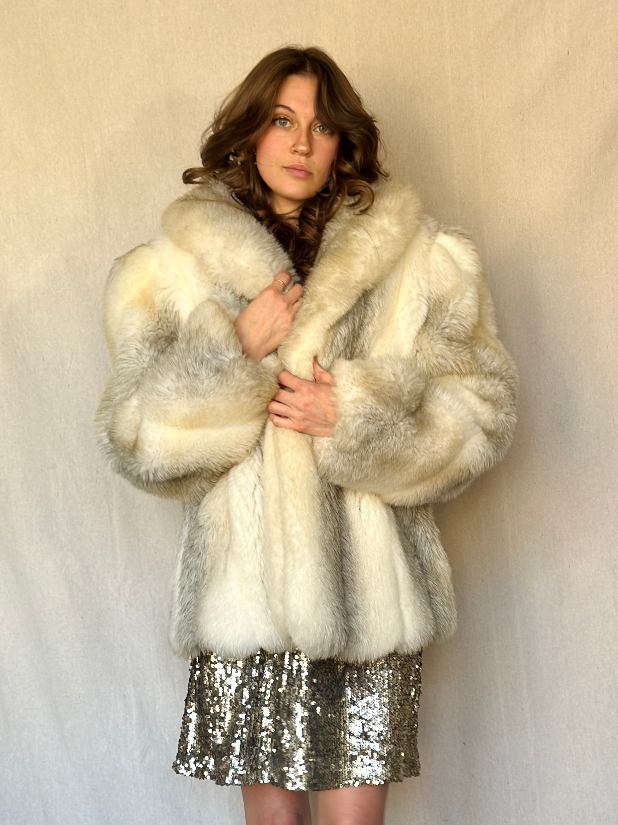 70s Salt and Pepper Faux Fur Old Money Coat
