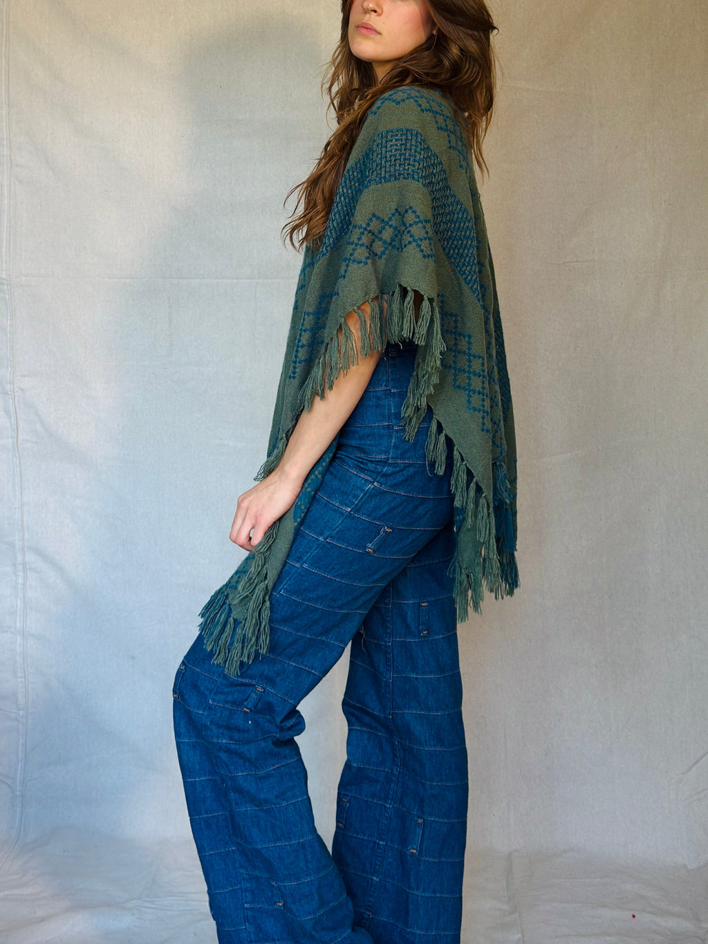 Free People Blue & Grey Fringe Poncho (Modern)
