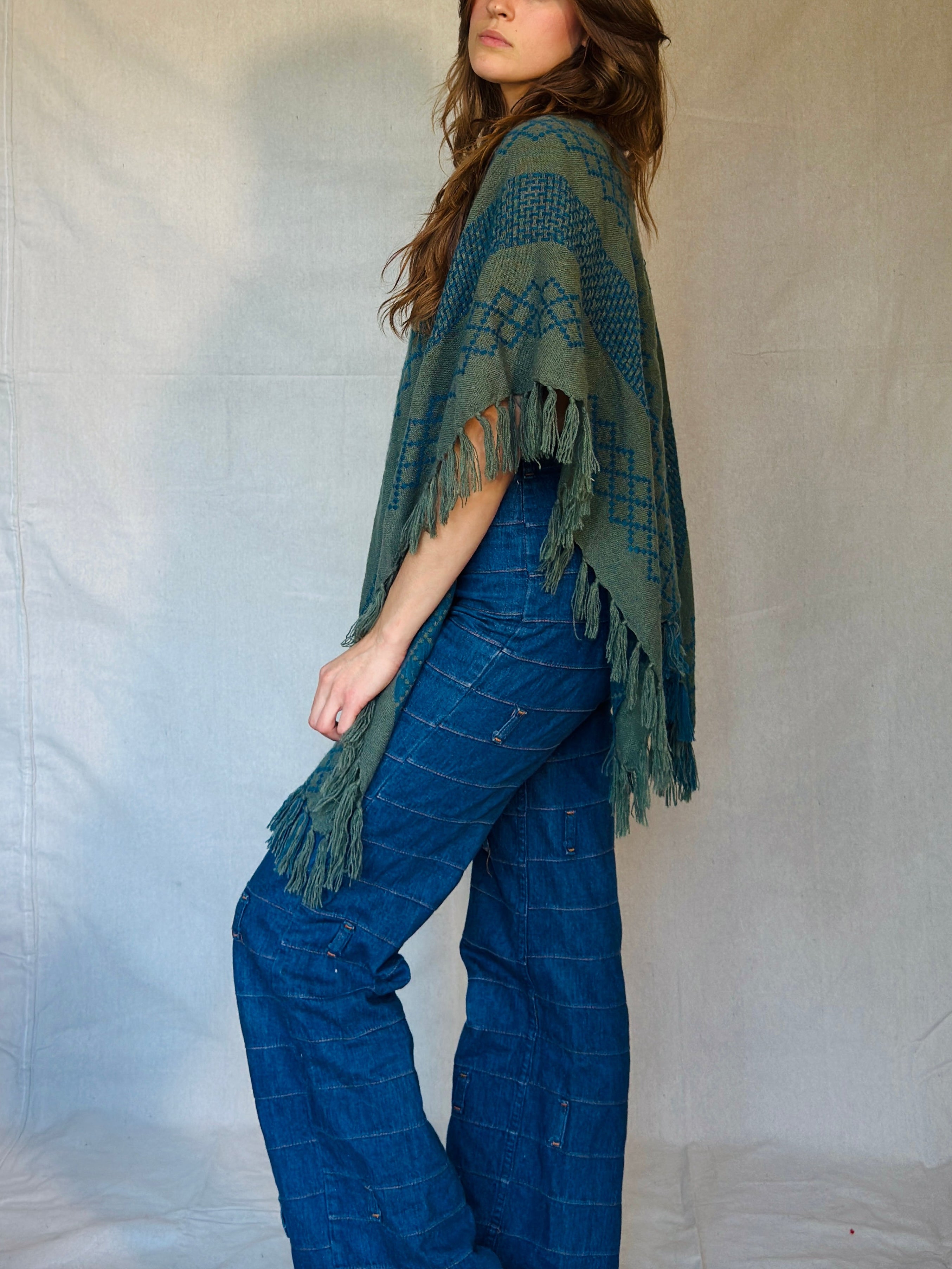 Free People Blue and Grey Fringe Poncho (Modern)