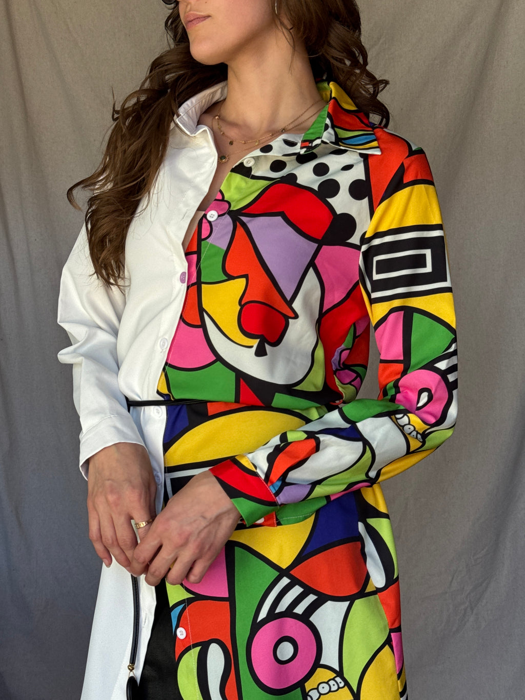 White Split Patterned Shirt Dress (Modern)
