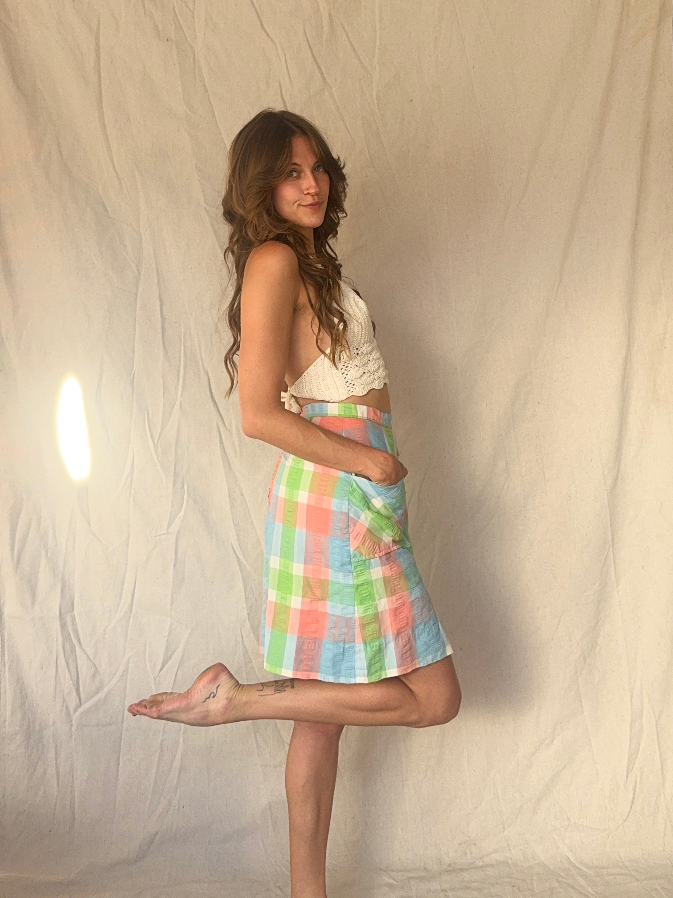 60s Preppy Plaid Mini Button Circle Skirt