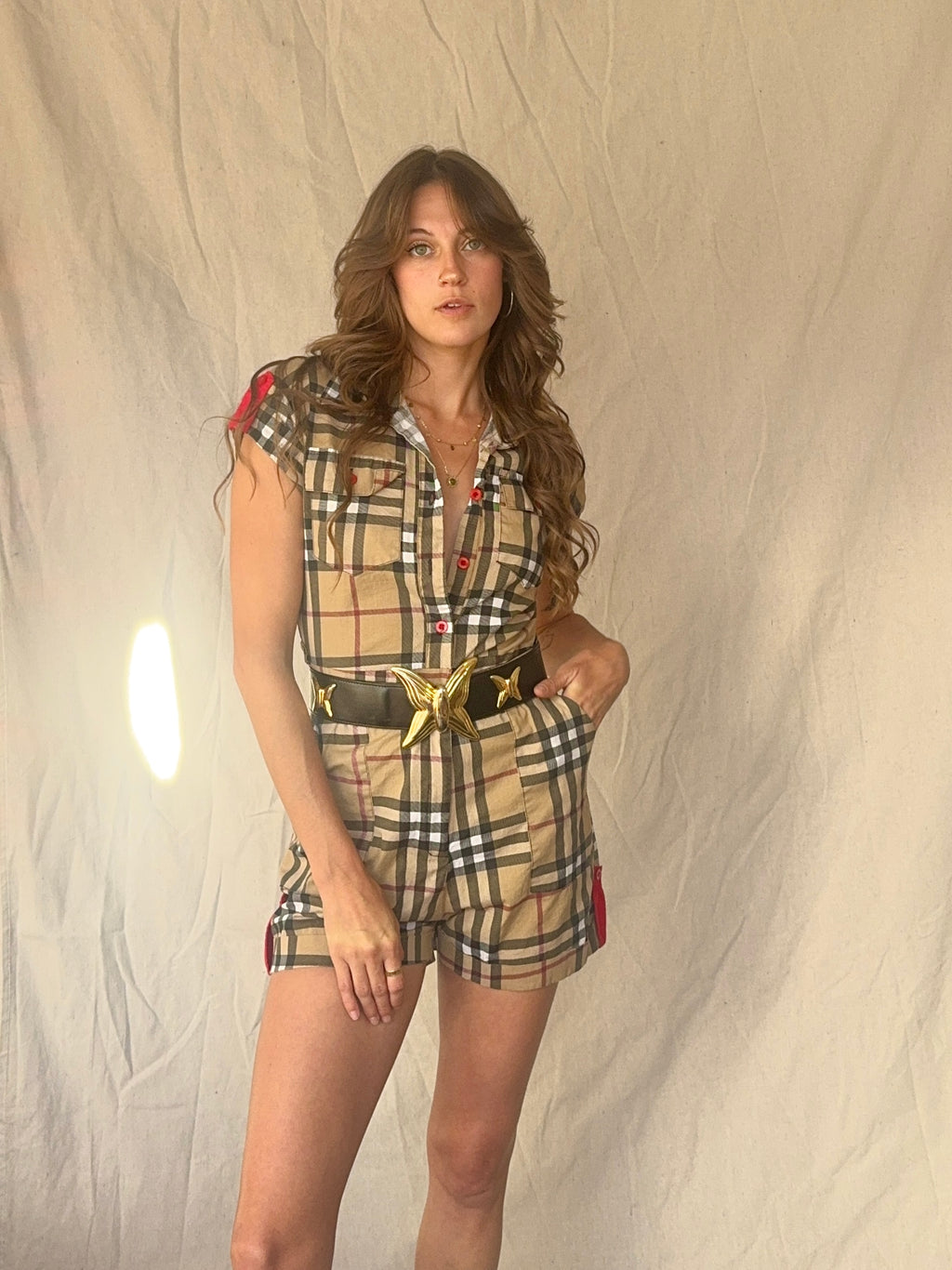 B/urberry Check Plaid Belted Button Up Romper