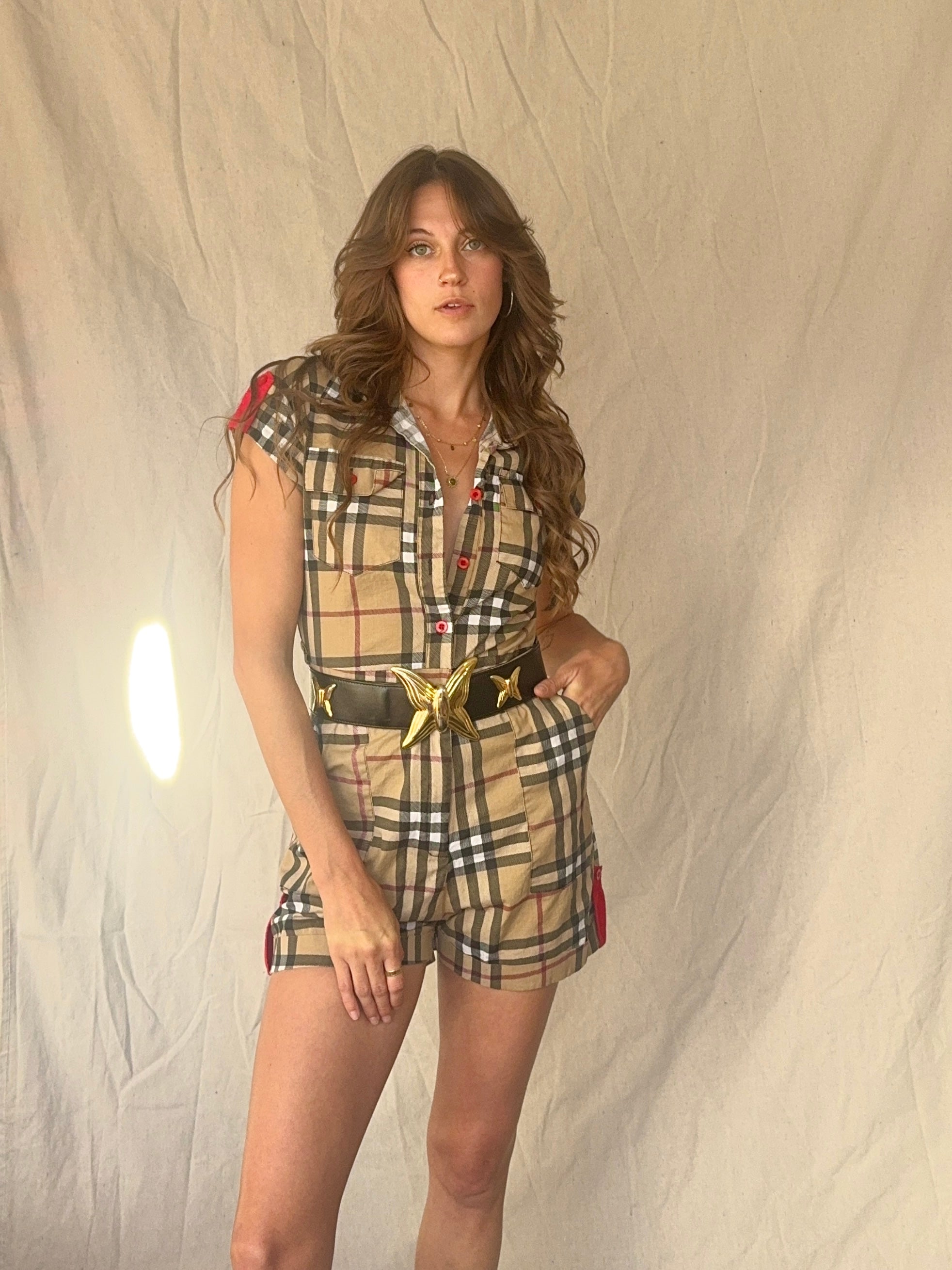 B/urberry Check Plaid Belted Button Up Romper