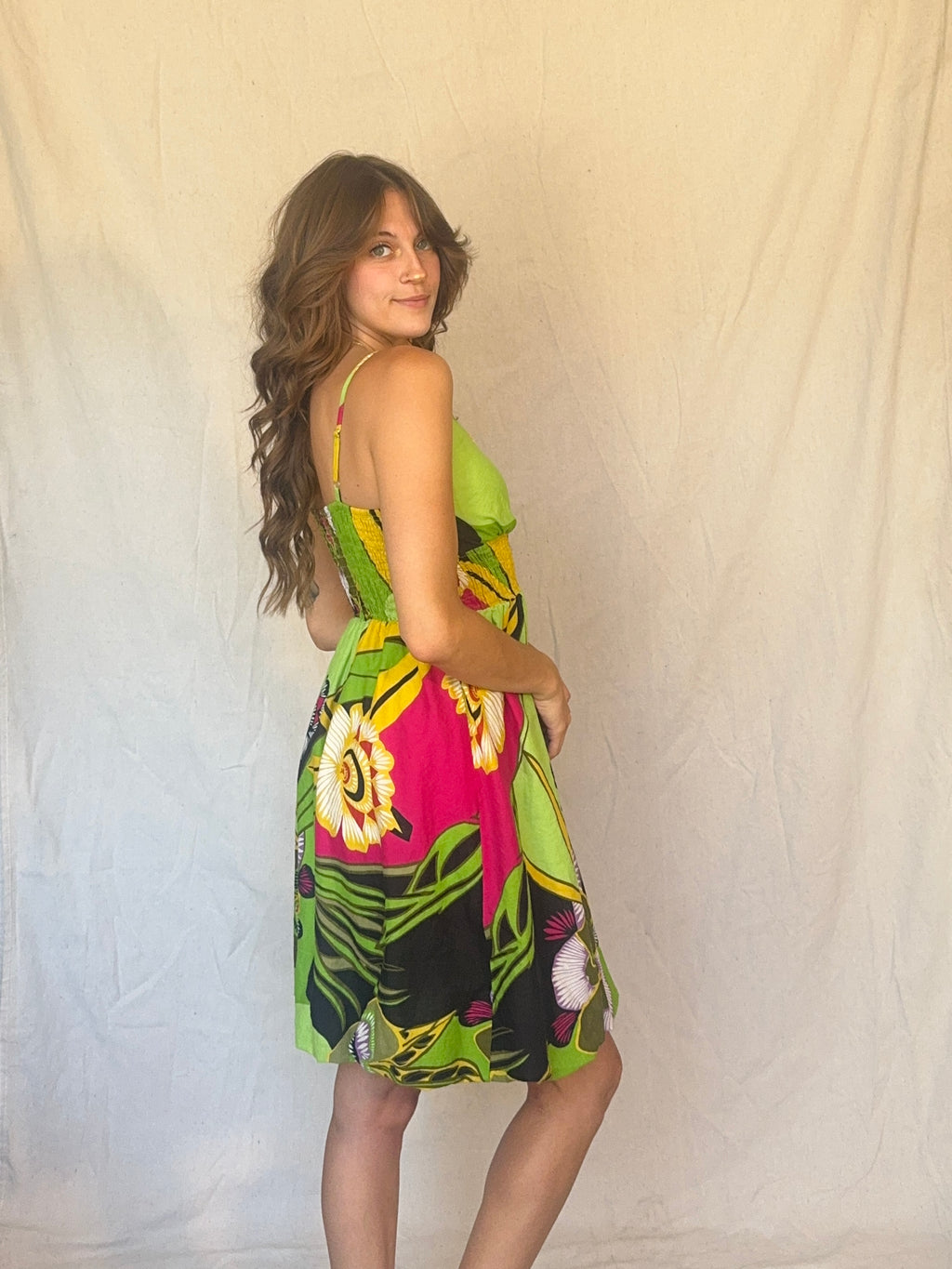 Y2K Green and Pink Cotton Floral Strappy Sun Dress
