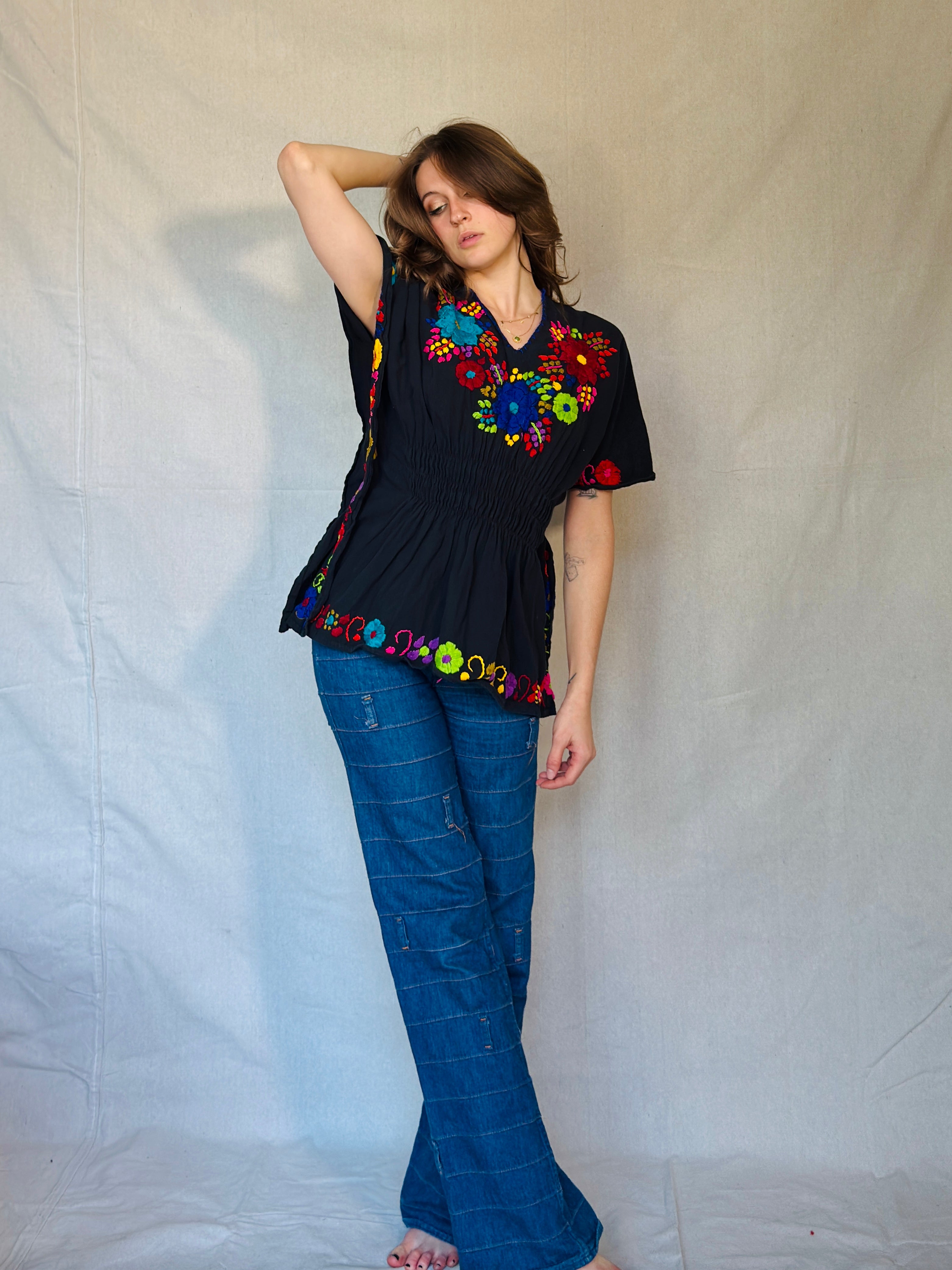 Black Hand Embroidered Peasant Blouse