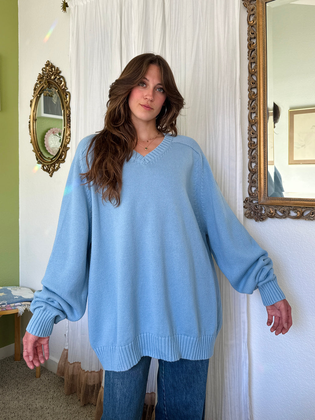 Vintage Lands Ends Cotton Powder Blue Grandpa Sweater