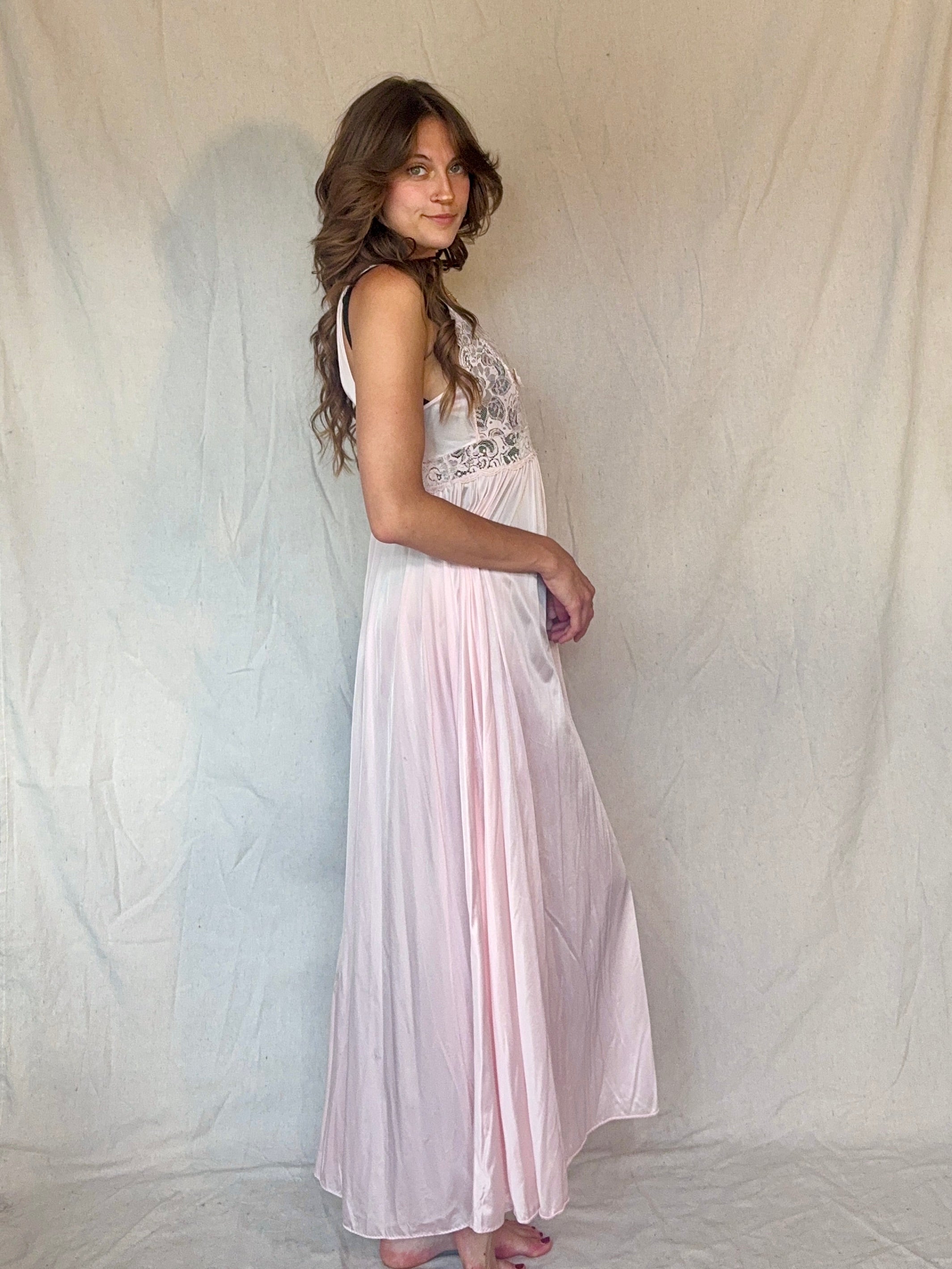 90s Baby Pink Nylon Lace Slip Dress