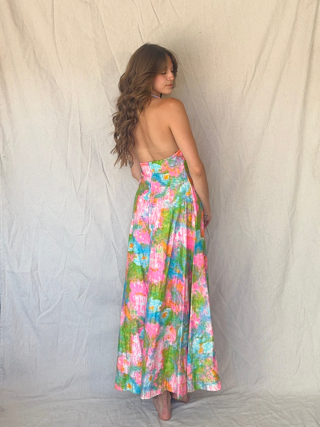 60s Handmade Dayglo Halter Maxi Dress