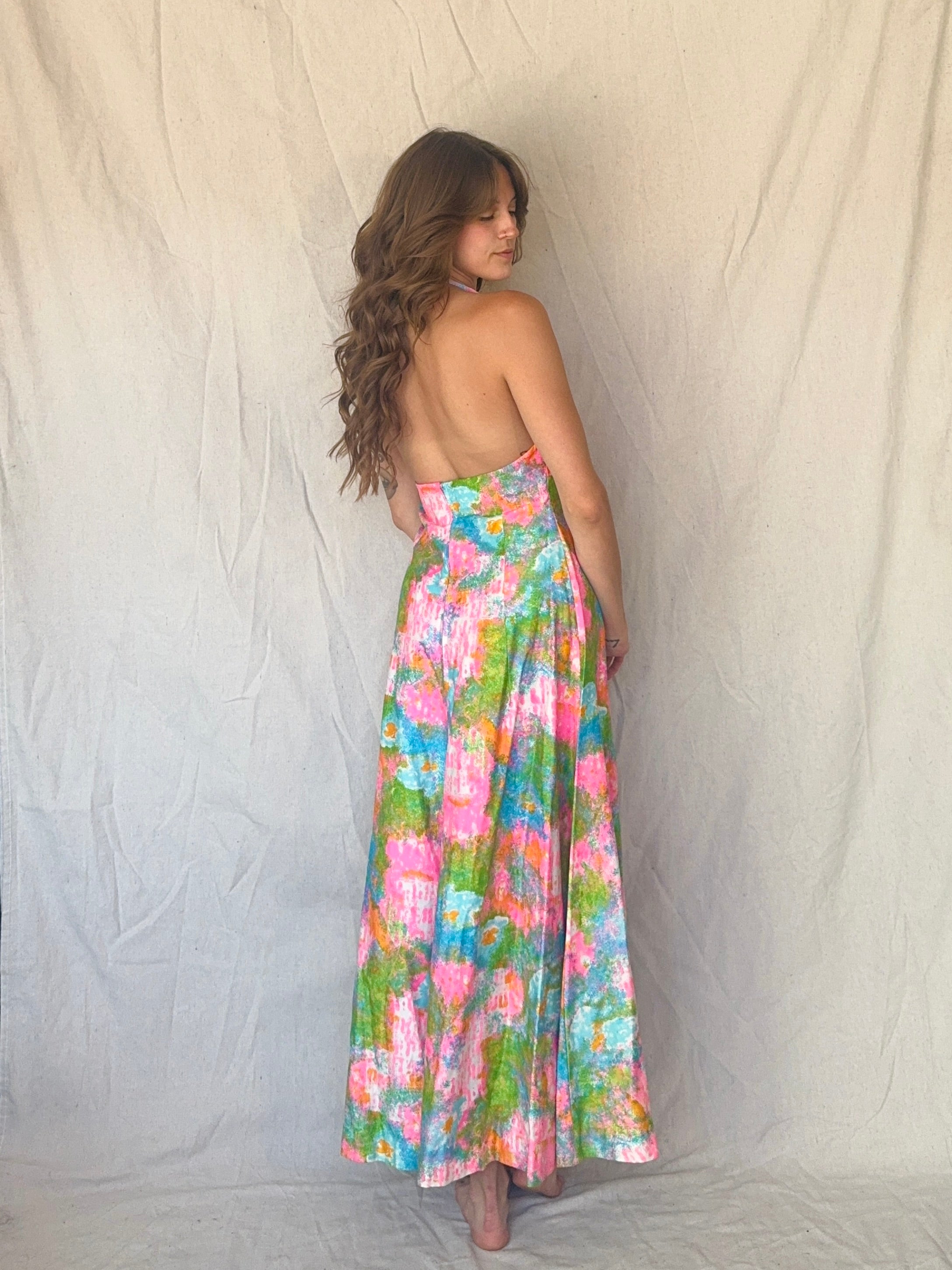 60s Handmade Dayglo Halter Maxi Dress