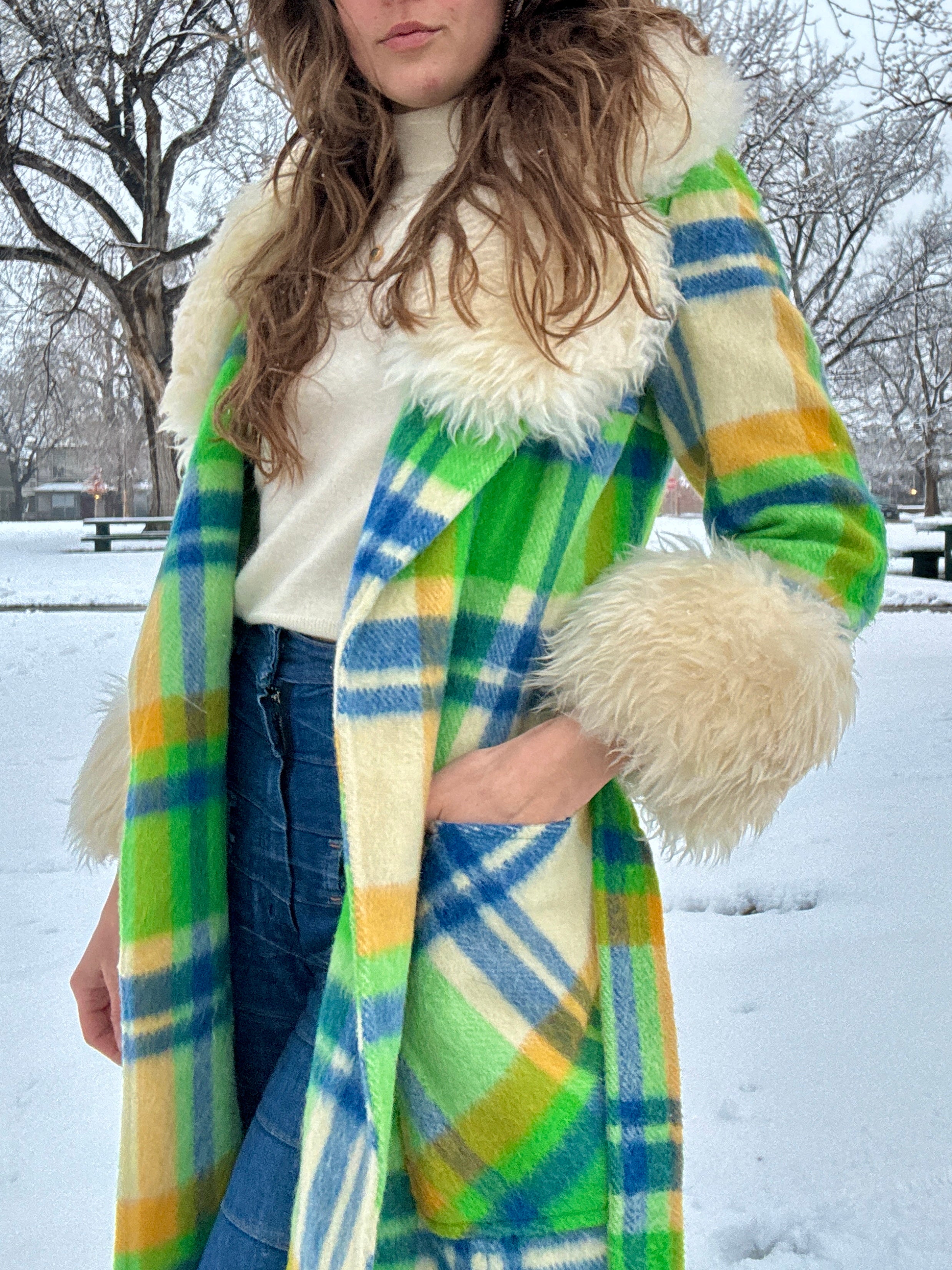 60s Union Made Green Plaid Wool Belted Coat