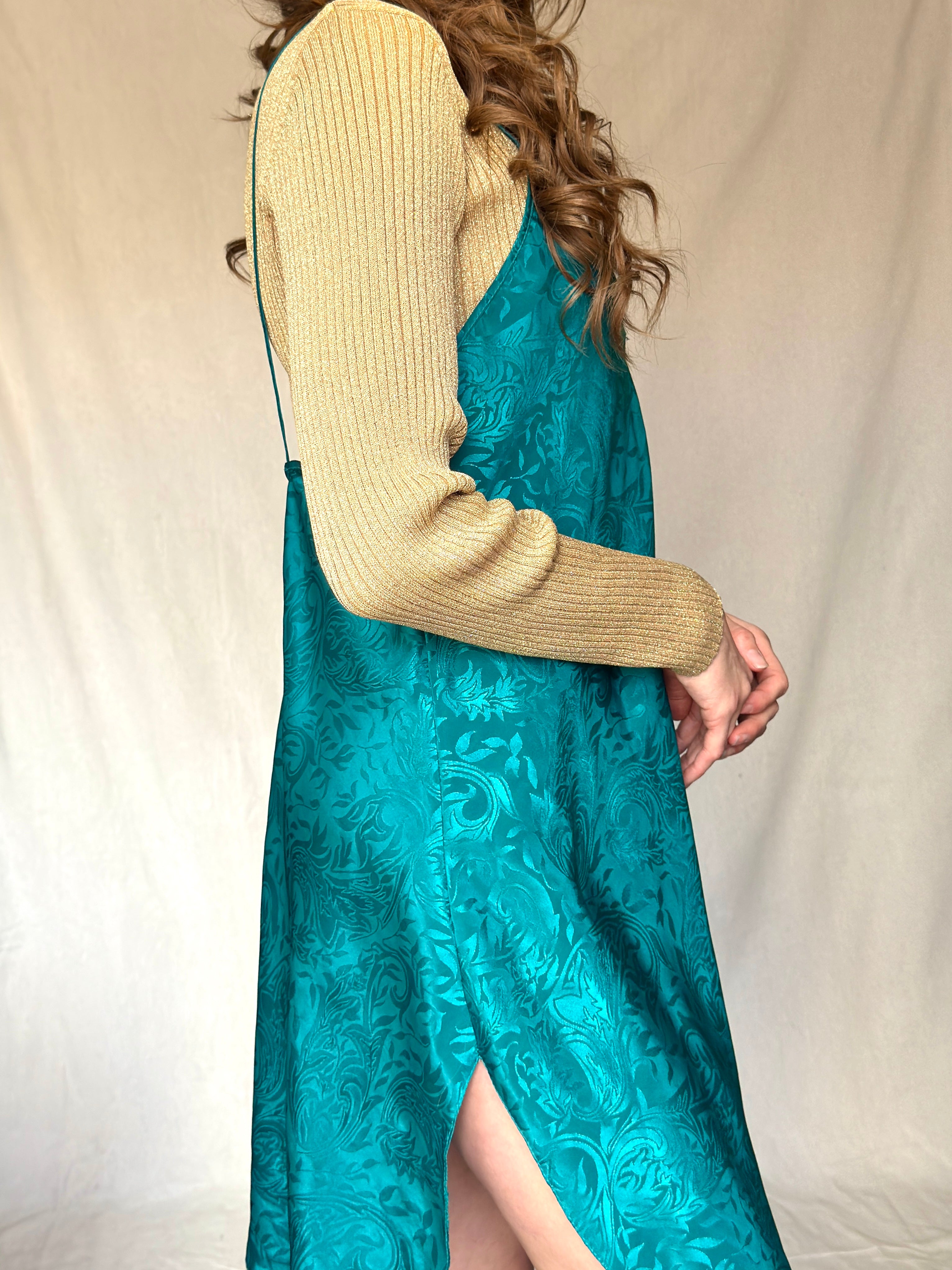 90s Jewel Tone Satin Brocade Slip Dress