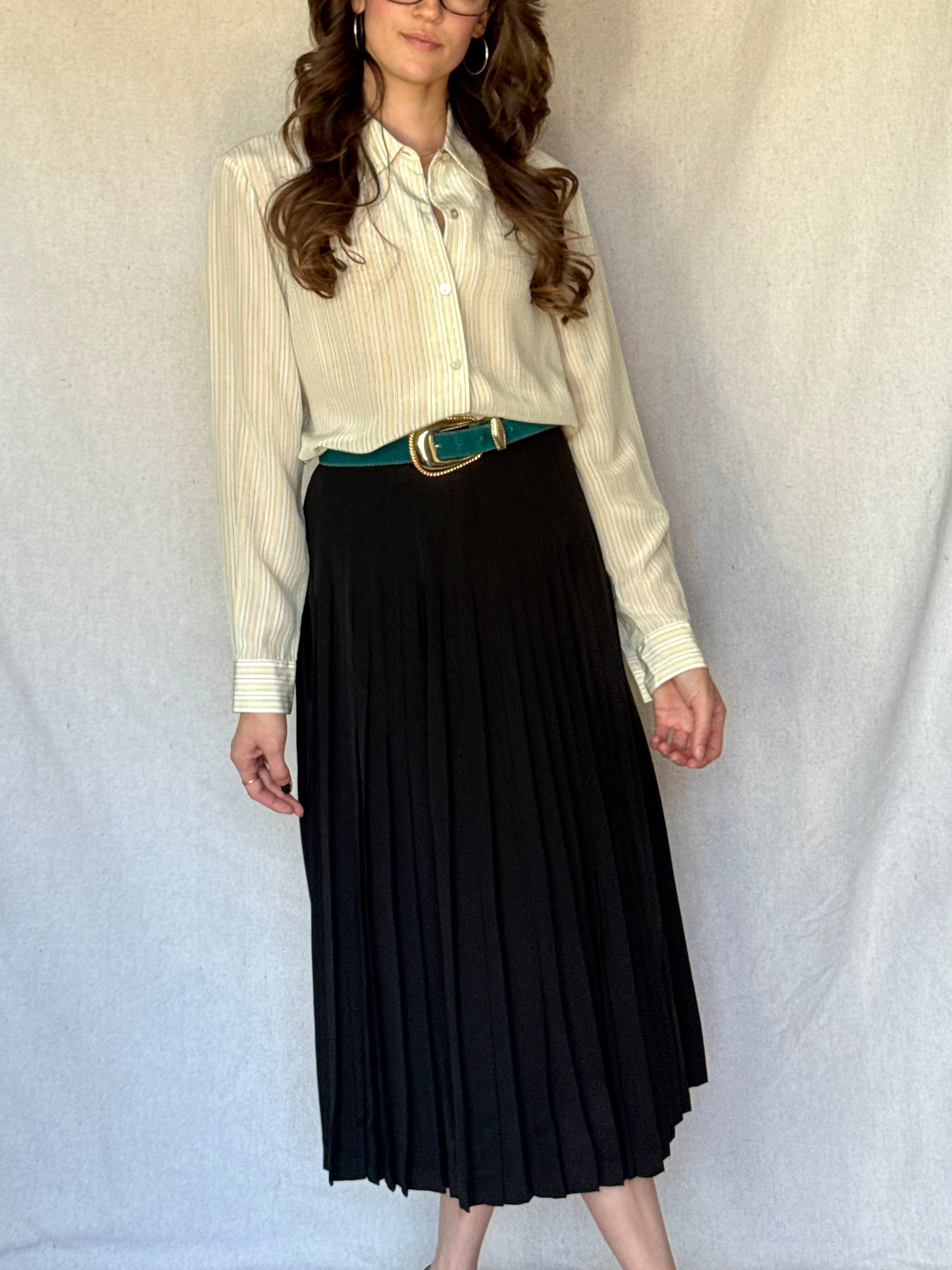 70s St. Martin Black Silk Pleated Midi Skirt
