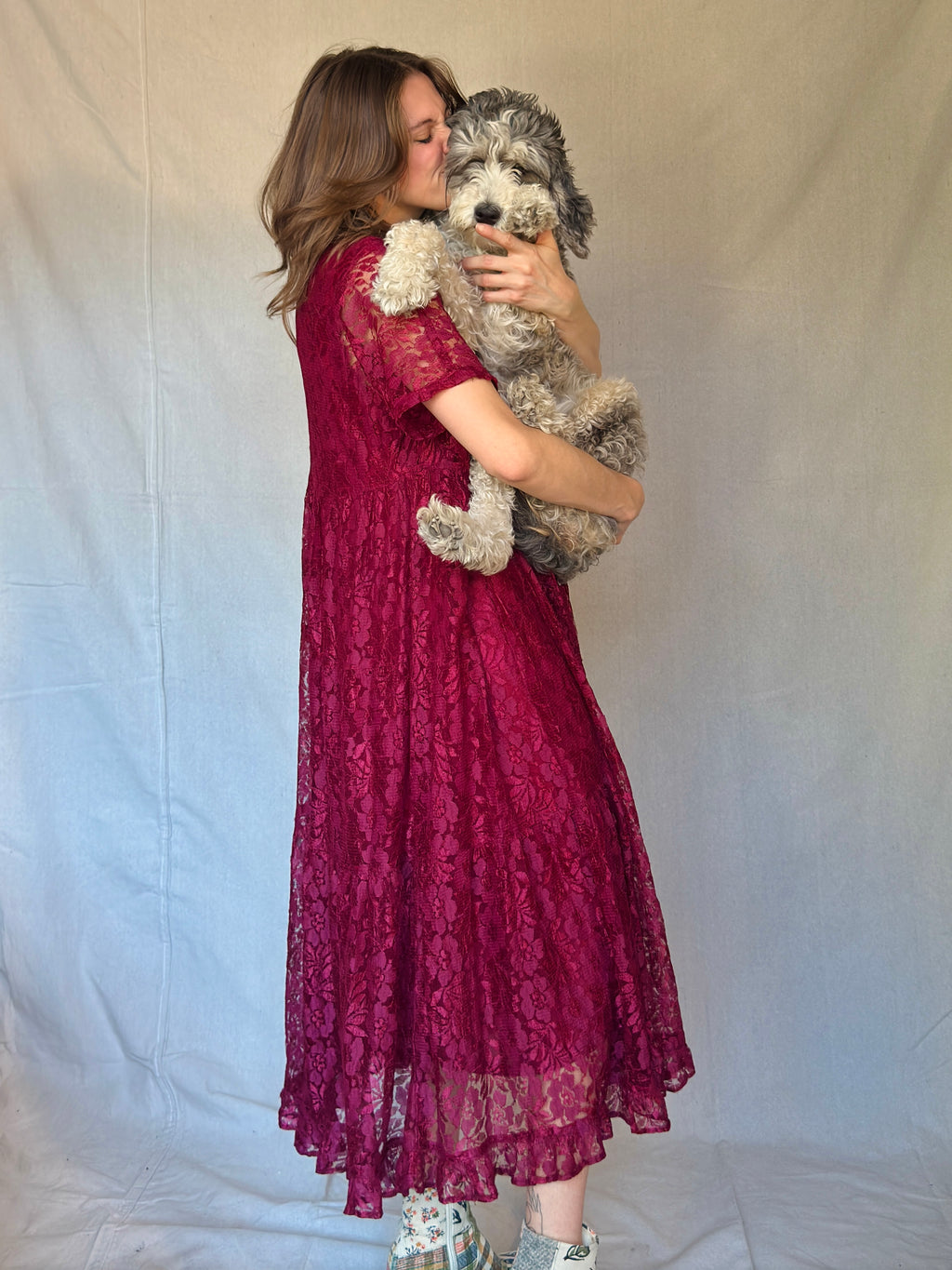 90s Maroon Lace Front Button Up Maxi Dress