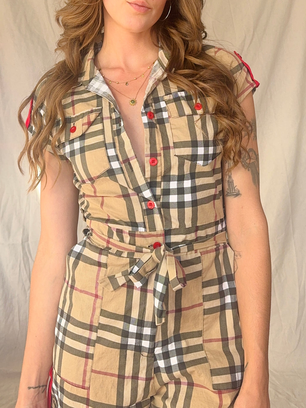 B/urberry Check Plaid Belted Button Up Romper