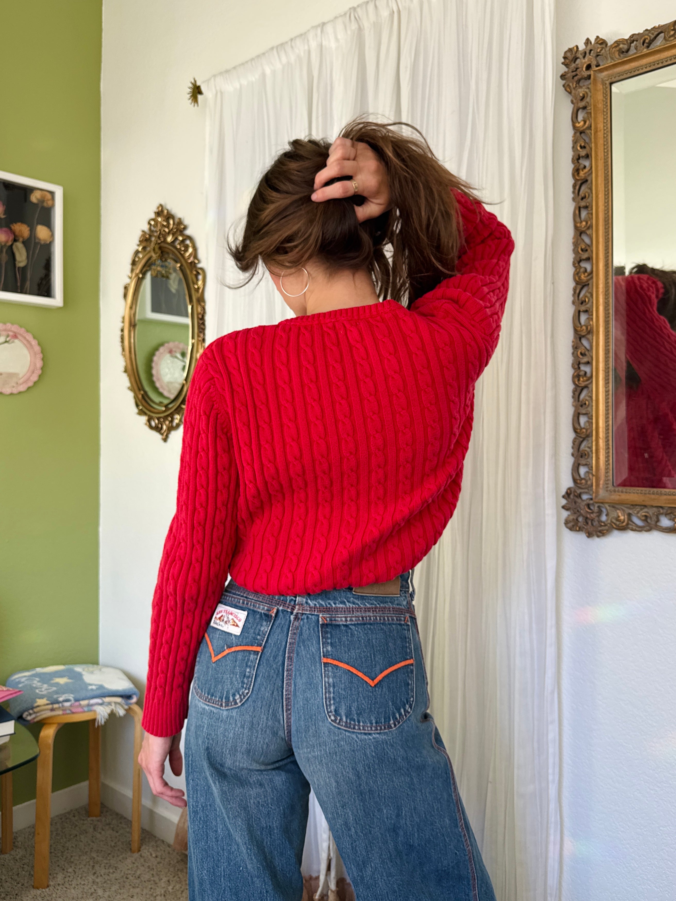 Y2K Red Cotton Cable Knit Liz Claiborne Sweater