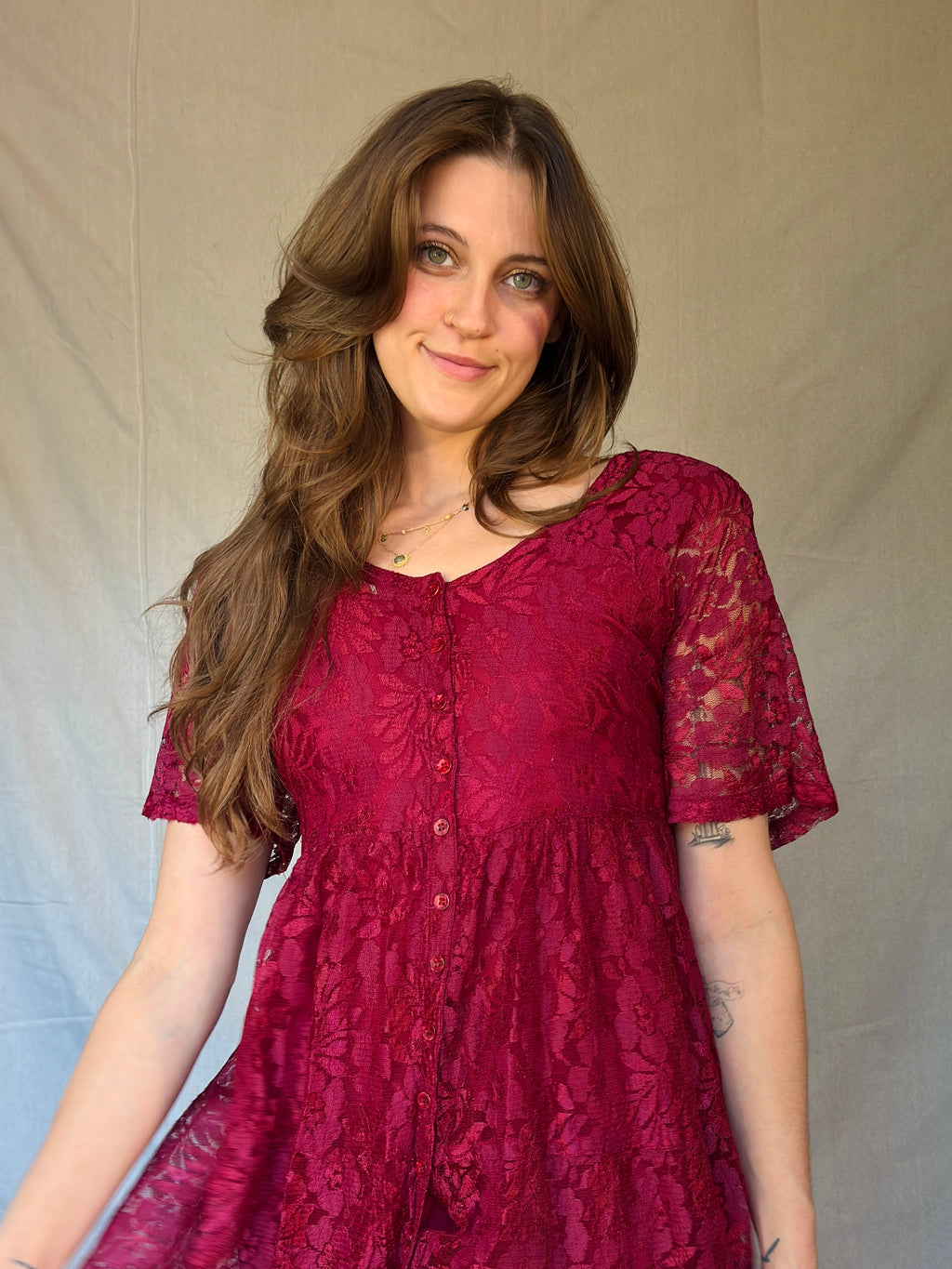 90s Maroon Lace Front Button Up Maxi Dress