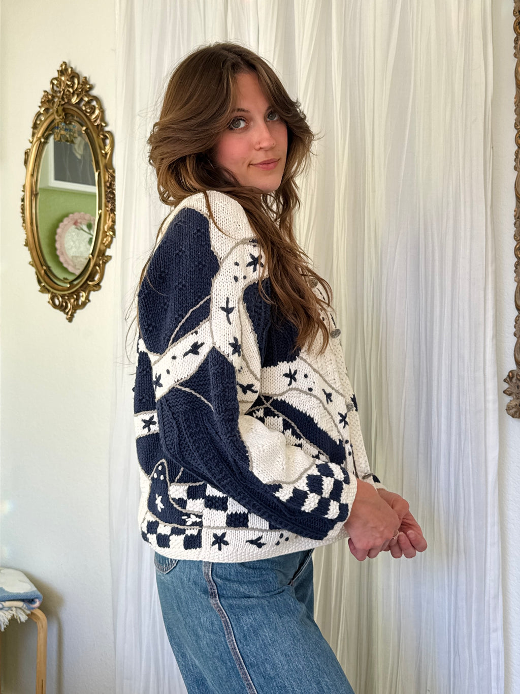90s Cottagecore Blue & White Granny Cardigan Sweater