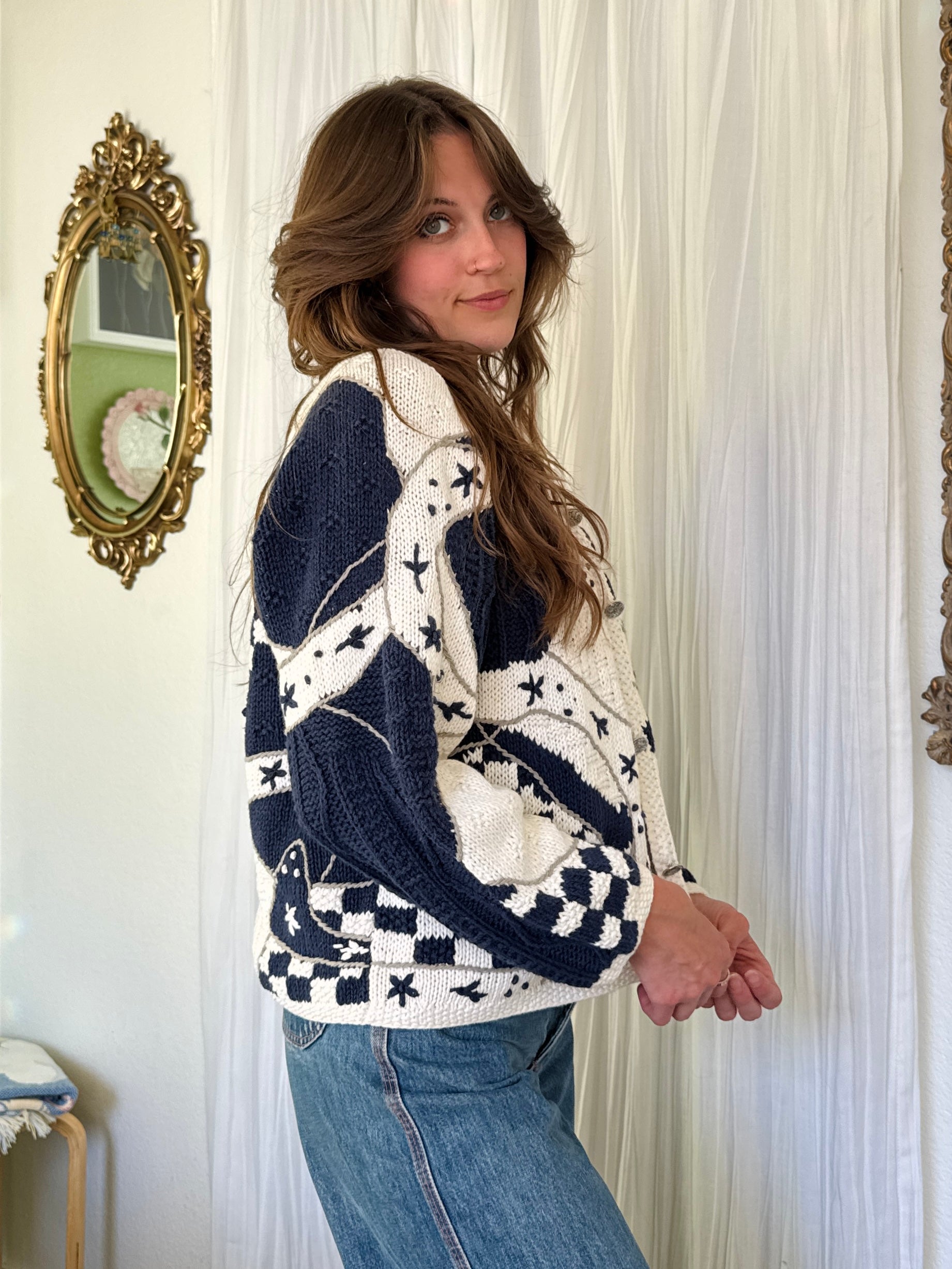 90s Cottagecore Blue & White Granny Cardigan Sweater