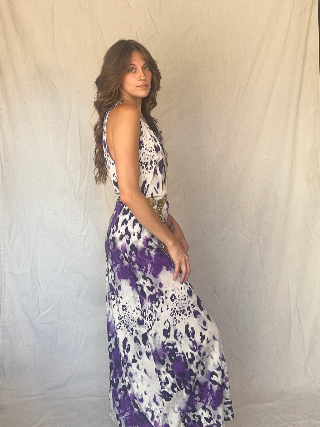 90s Purple Leopard Print Maxi Slip Dress