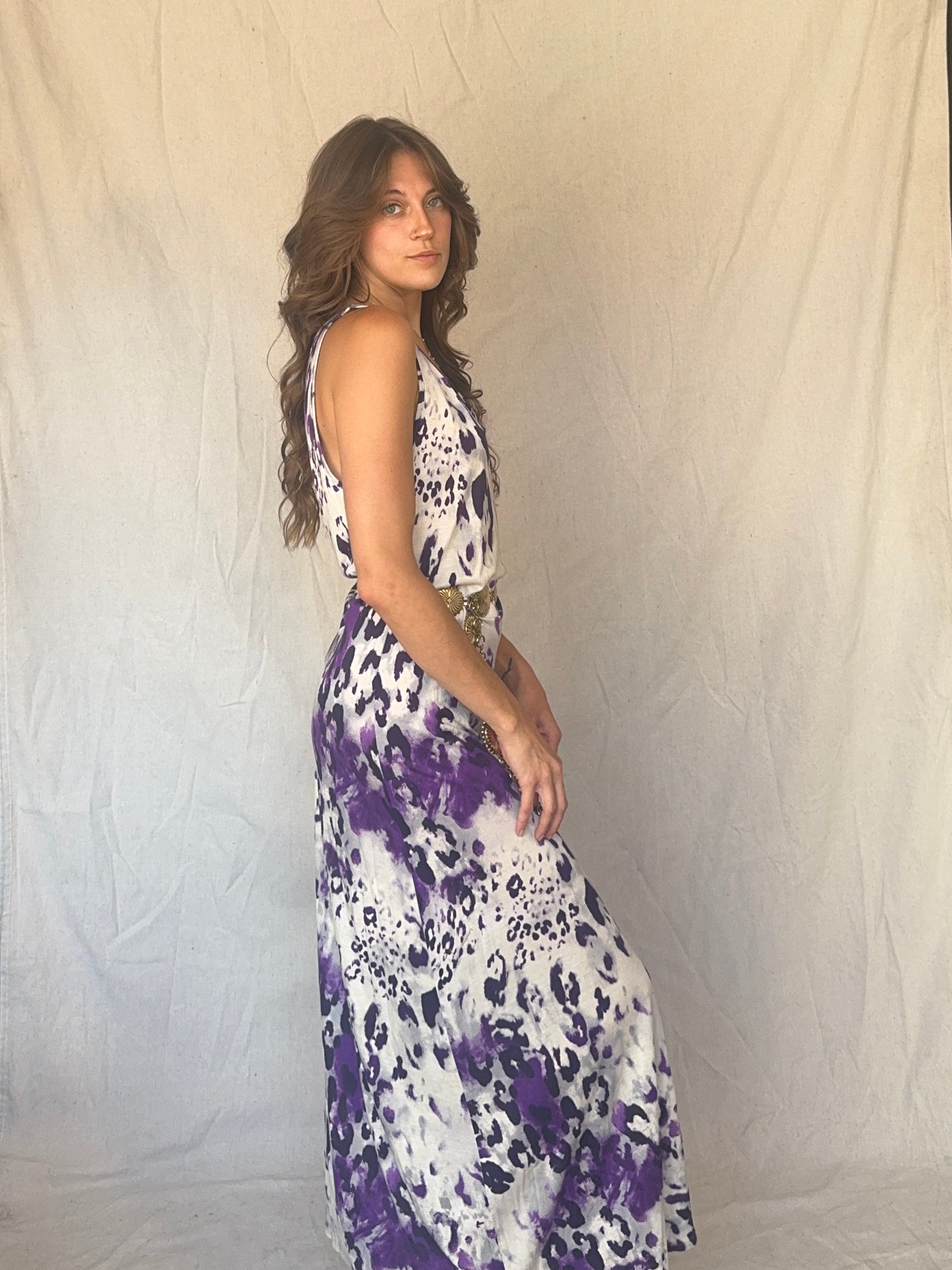 90s Purple Leopard Print Maxi Slip Dress