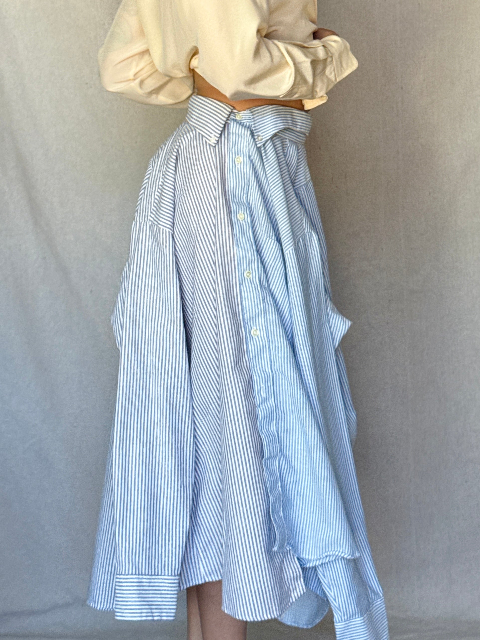 Repurposed Blue Pinstriped Button Up Skirt Set
