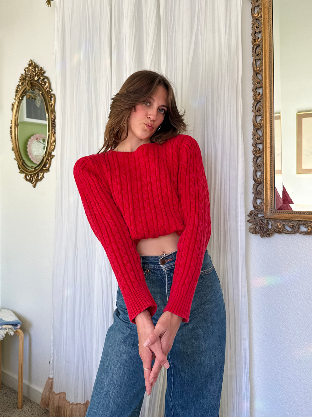 Y2K Red Cotton Cable Knit Liz Claiborne Sweater
