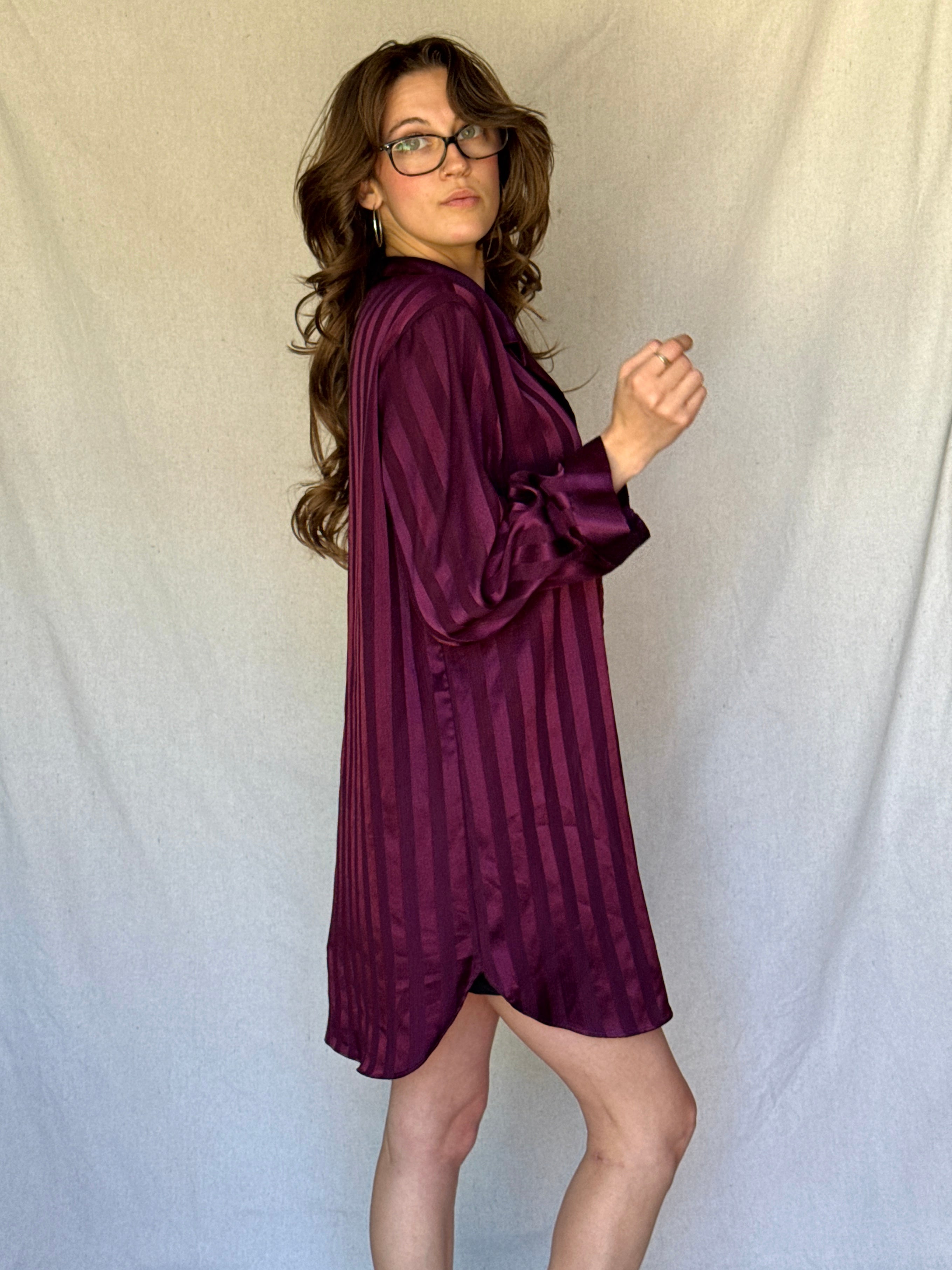 90s Cabernet Red Satin Striped Button Up Blouse