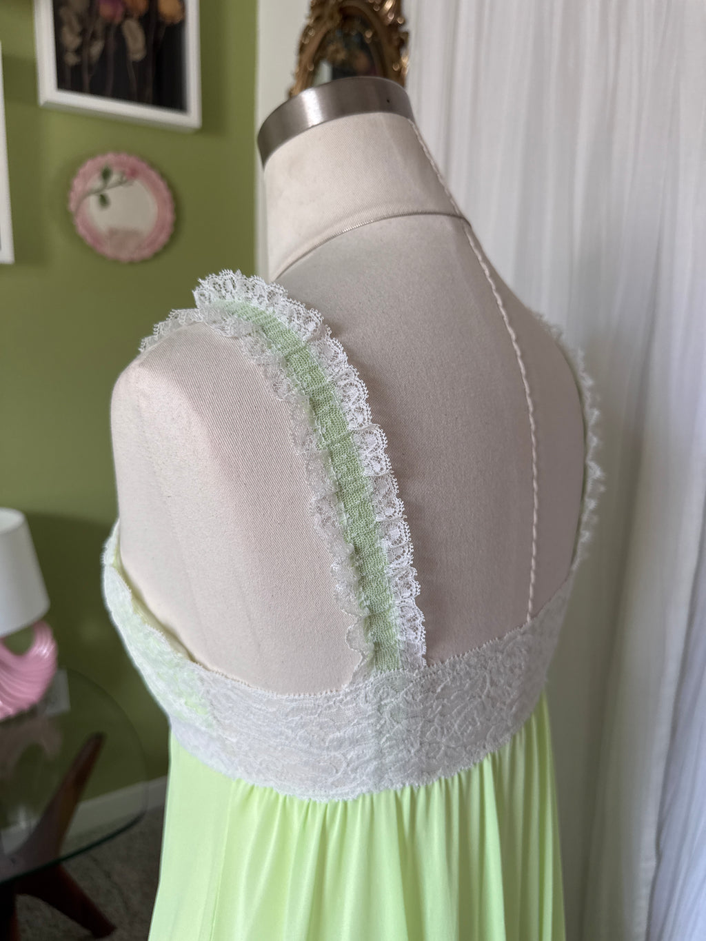 60s/70s Key Lime Green Nylon Lace Neglige Slip Dress