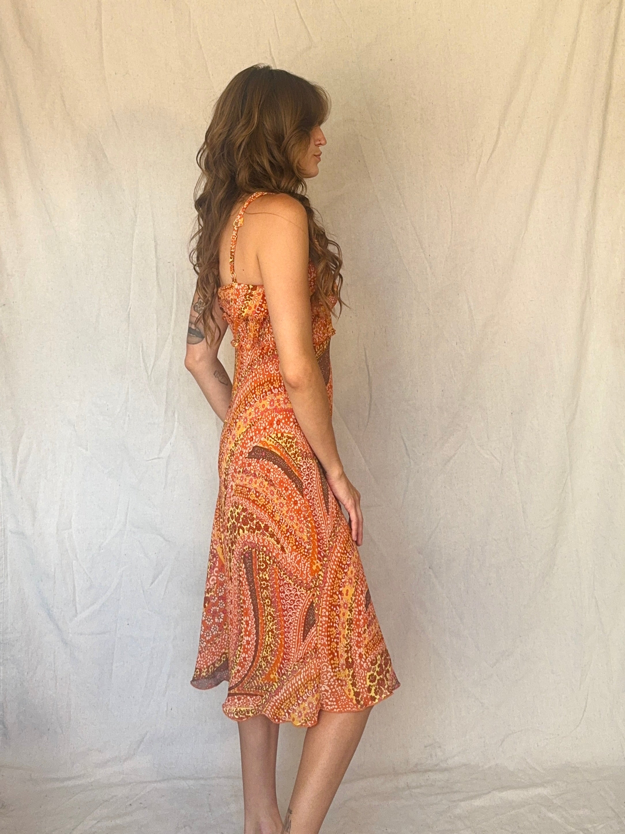 Orange Floral Swirl Ruffled Strappy Sundress (Modern)