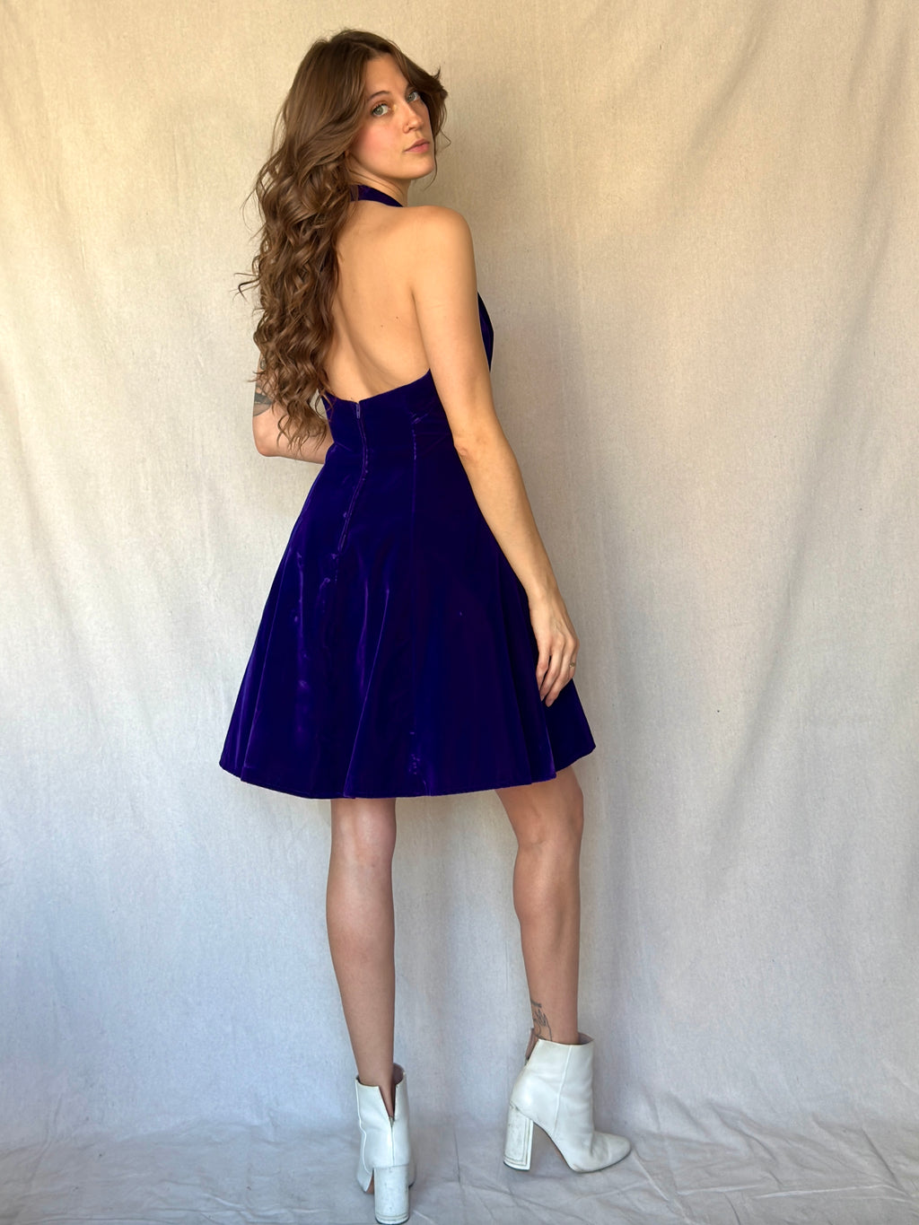 90s Purple Velvet Halter Mini Cocktail Dress