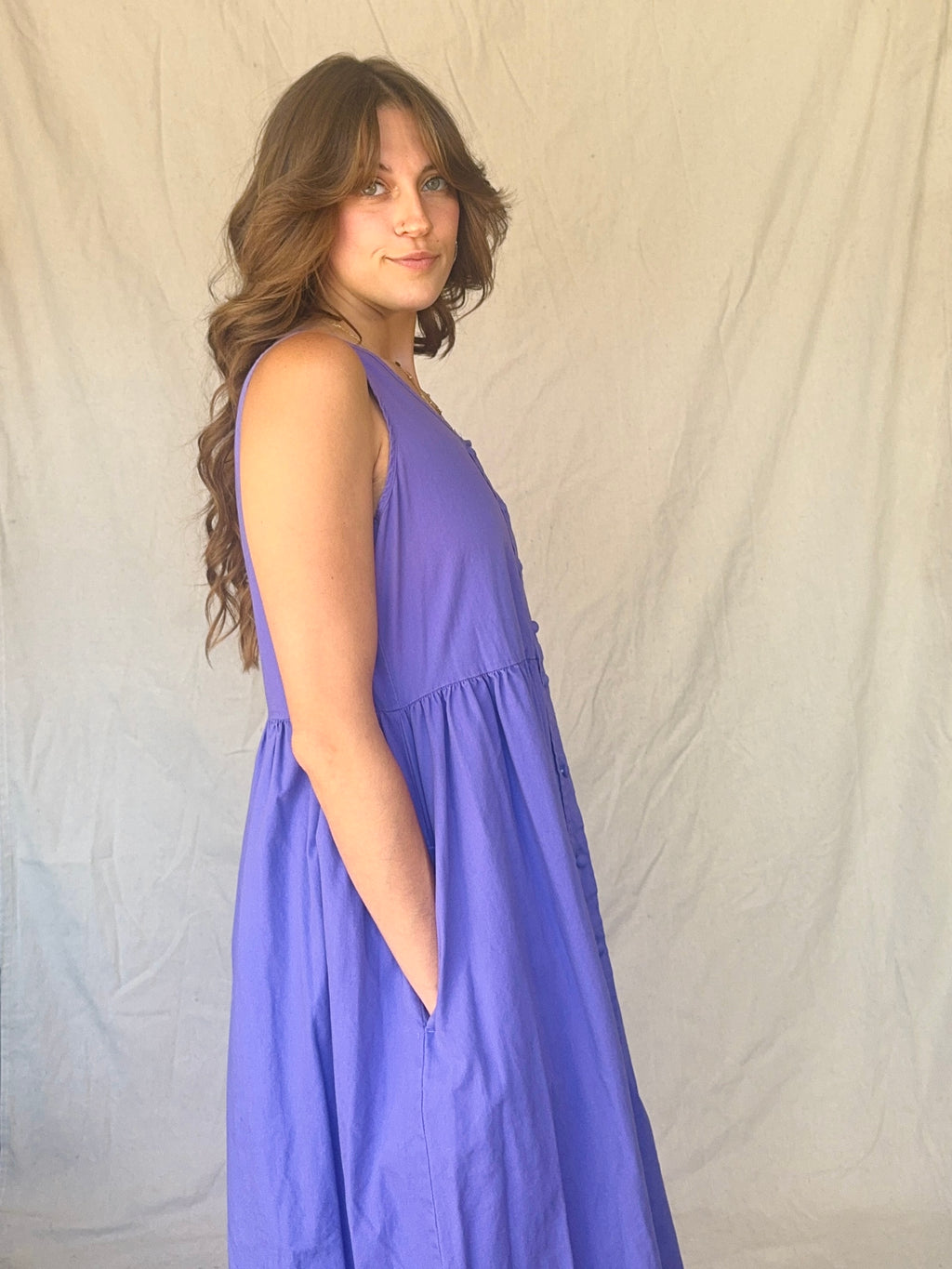 80s Periwinkle Purple Cotton Button Up Pinafore Jumper Dress
