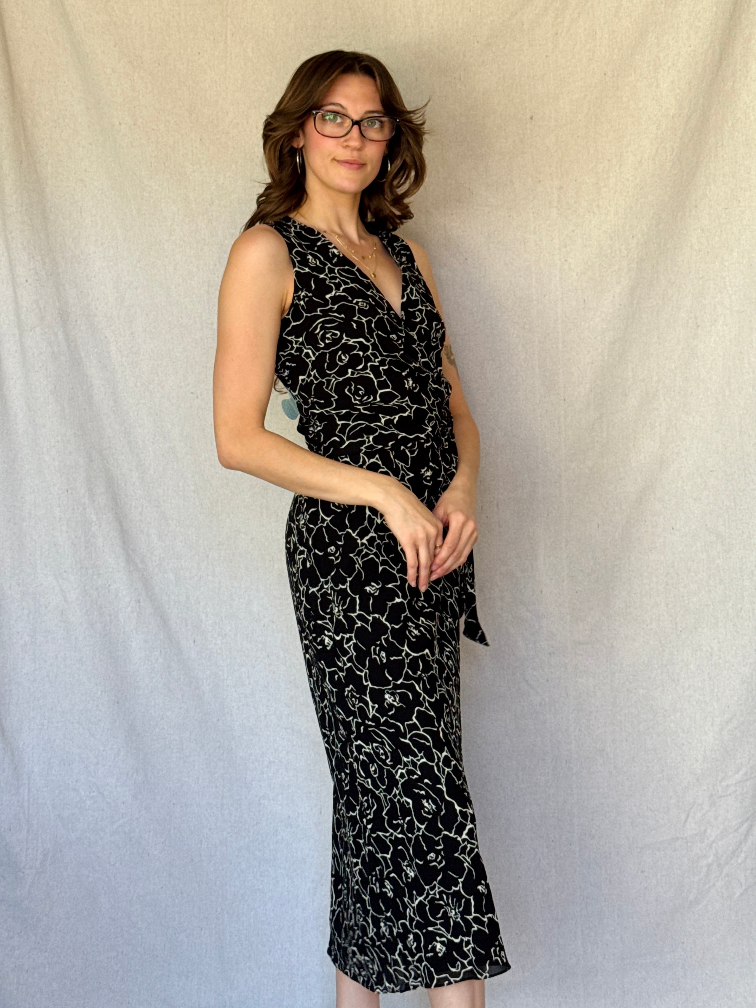 90s Black Floral Sleeveless Wrap Dress
