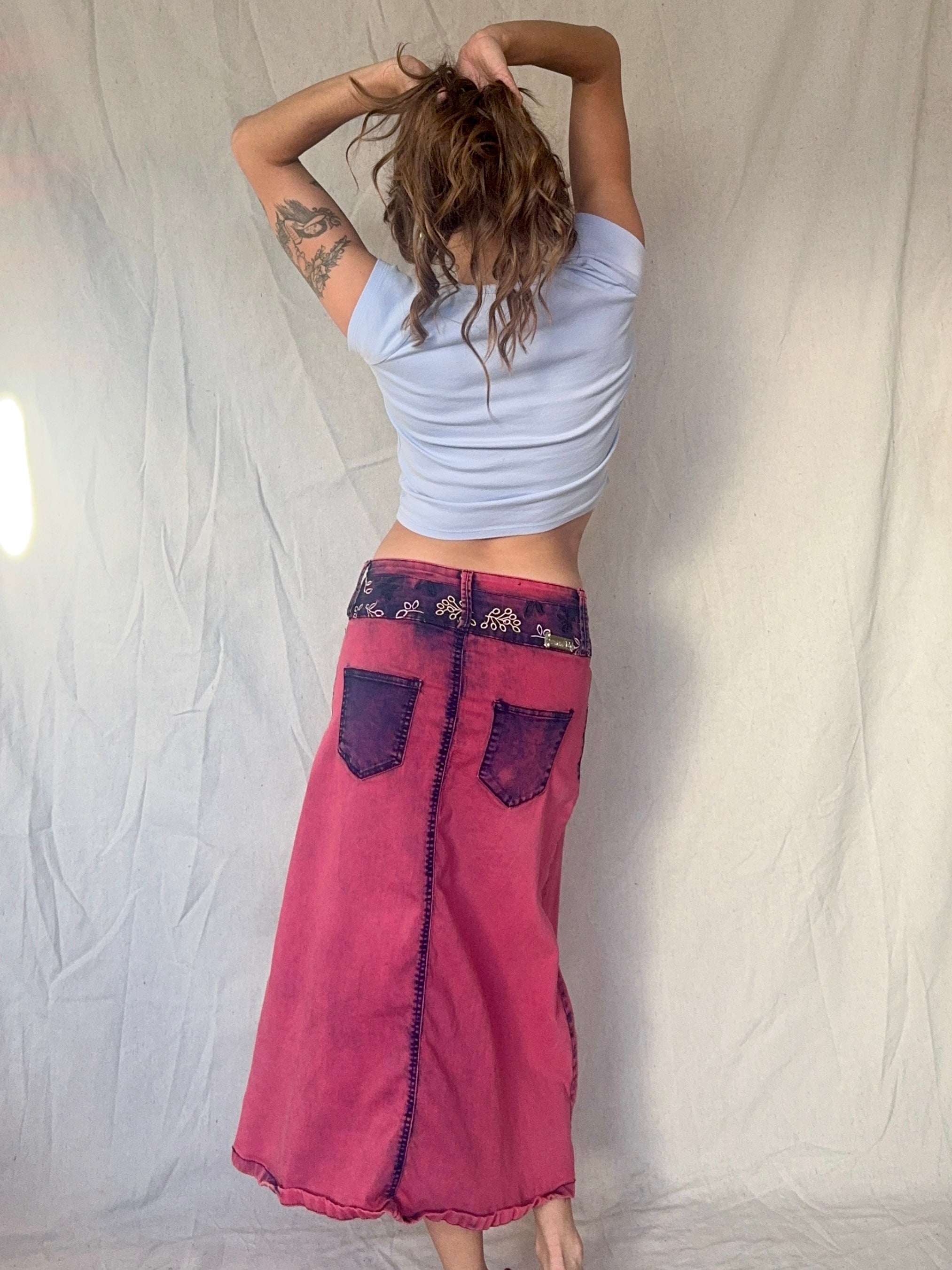 90s/Y2K Pink Whimsigoth Bleach Dye Embroidered Midi Skirt