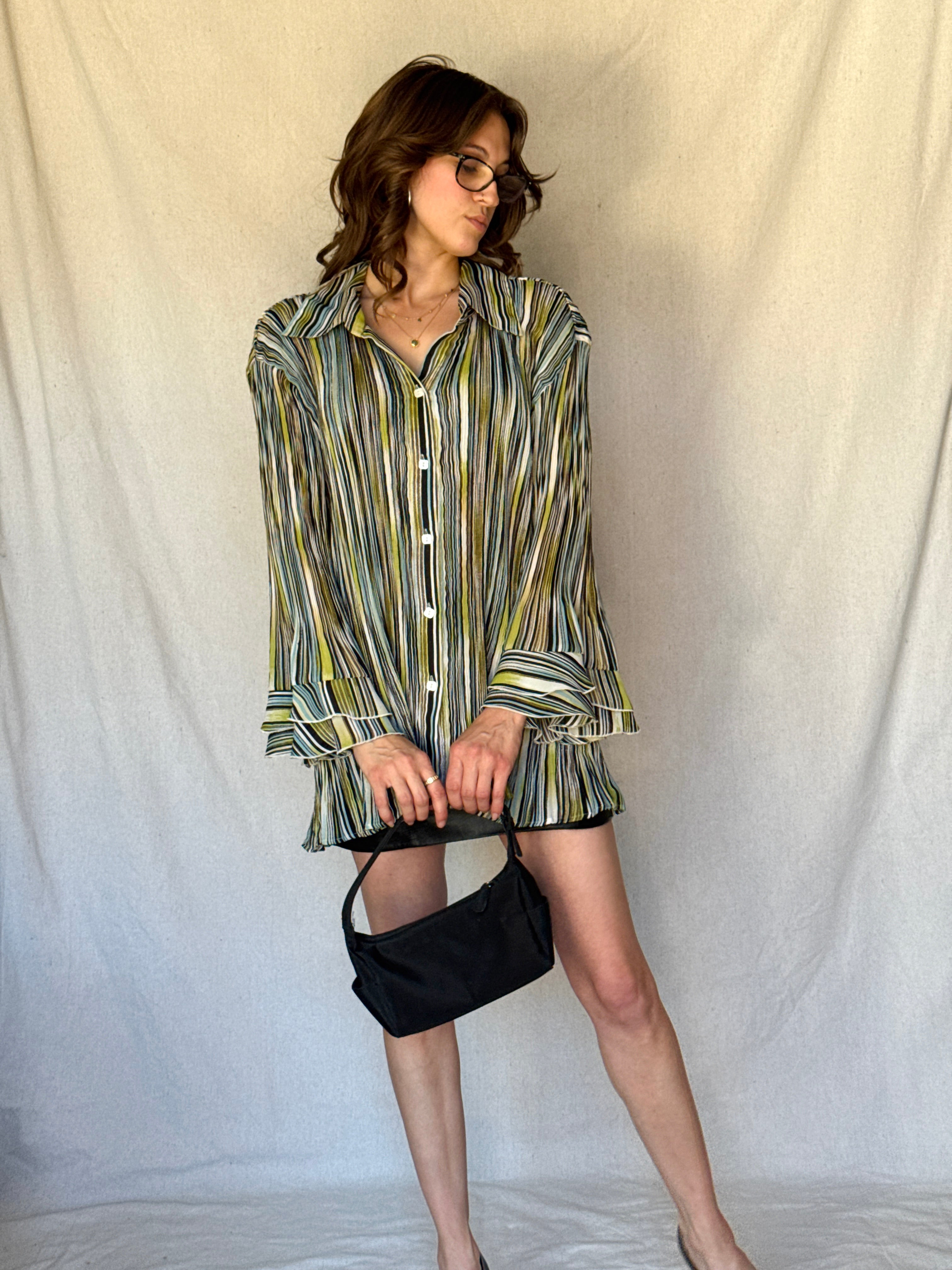 Y2K Striped Whimsy Crinkle Pleat Blouse