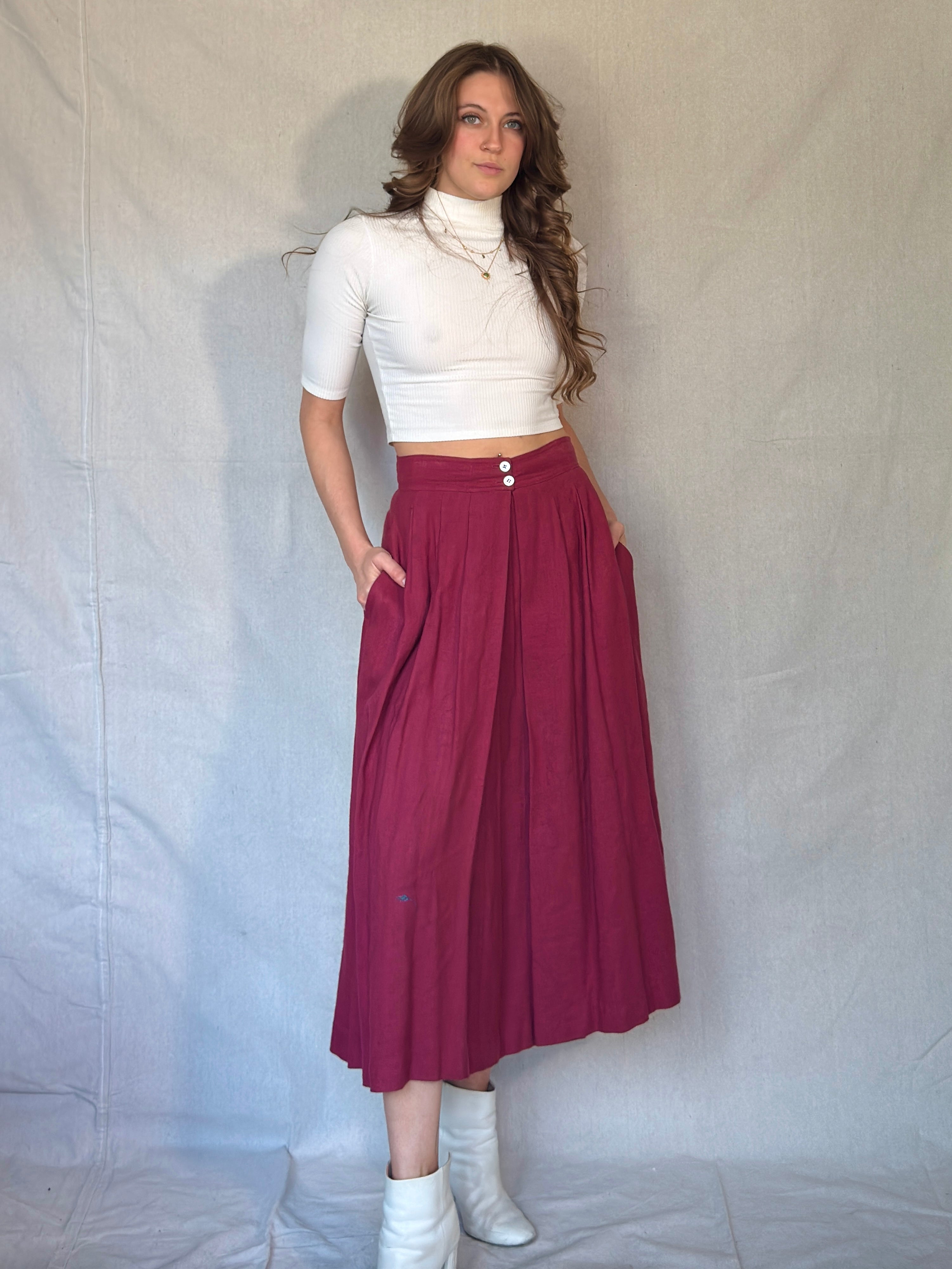 70s Burgundy Pleated Midi Skirt