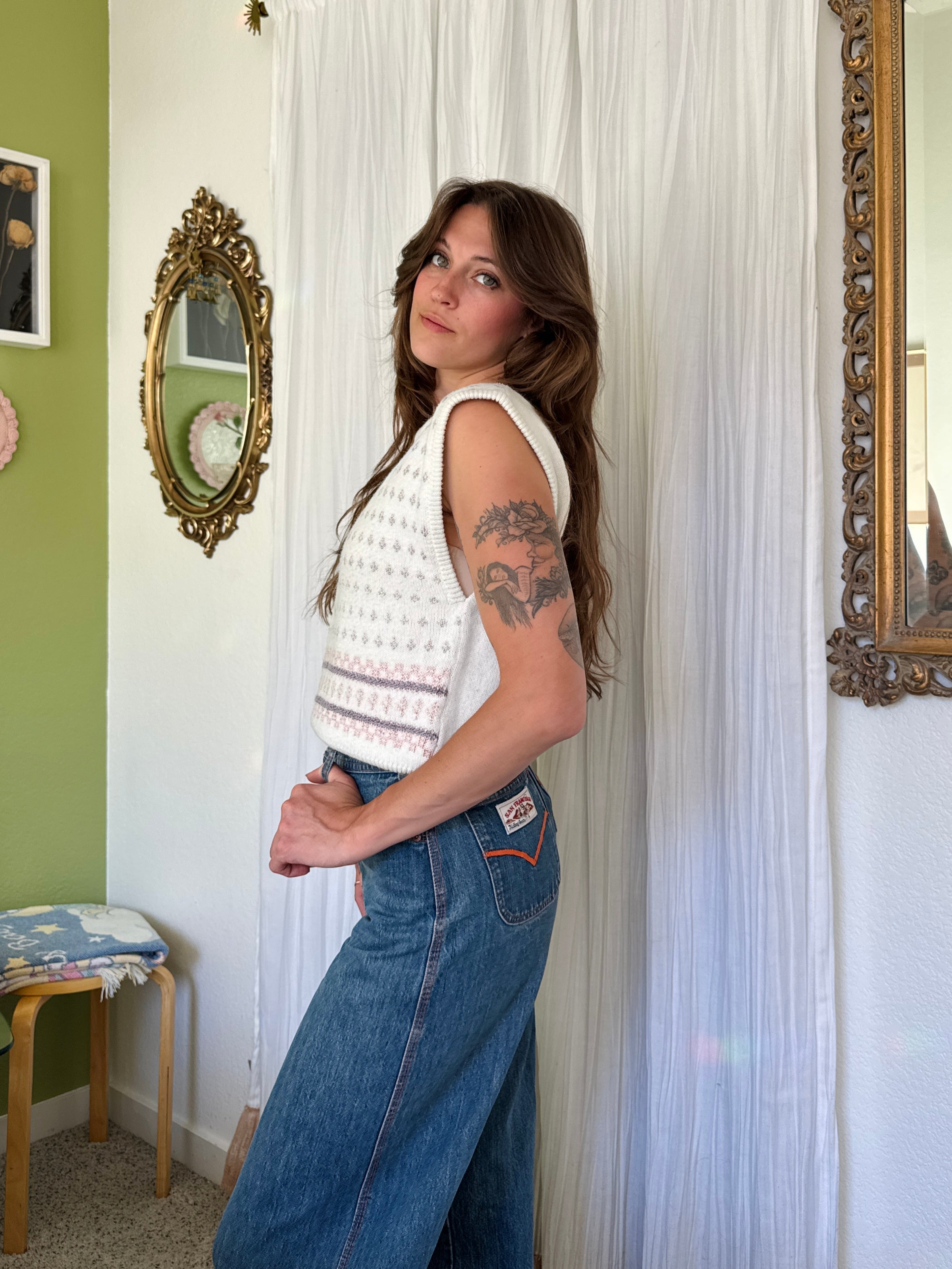 80s Cream Floral Knit Sweater Vest