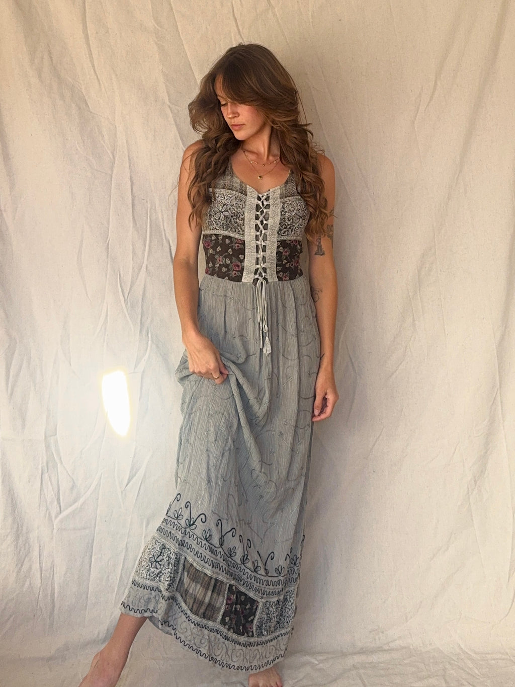 90s Grey Patchwork Whimsigoth Embroidered Fairy Maxi Dress