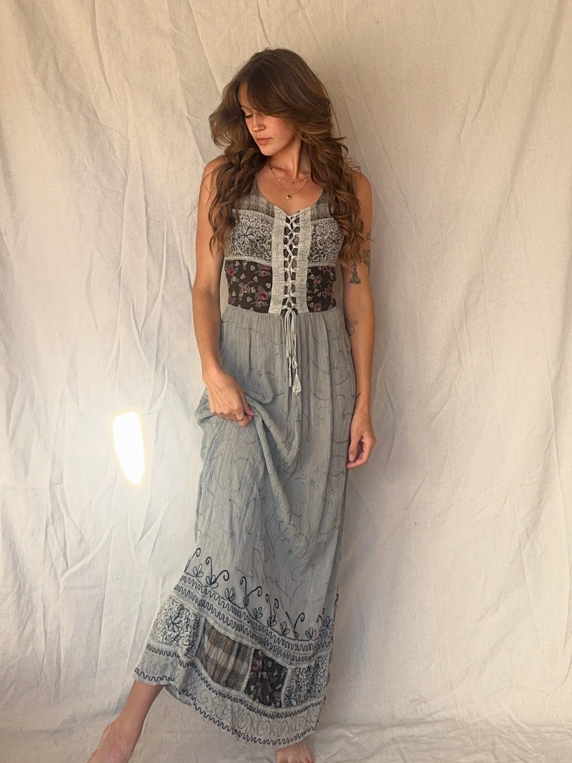 90s Grey Patchwork Whimsigoth Embroidered Fairy Maxi Dress