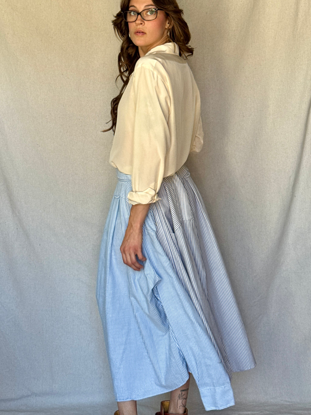 Repurposed Blue Pinstriped Button Up Skirt Set