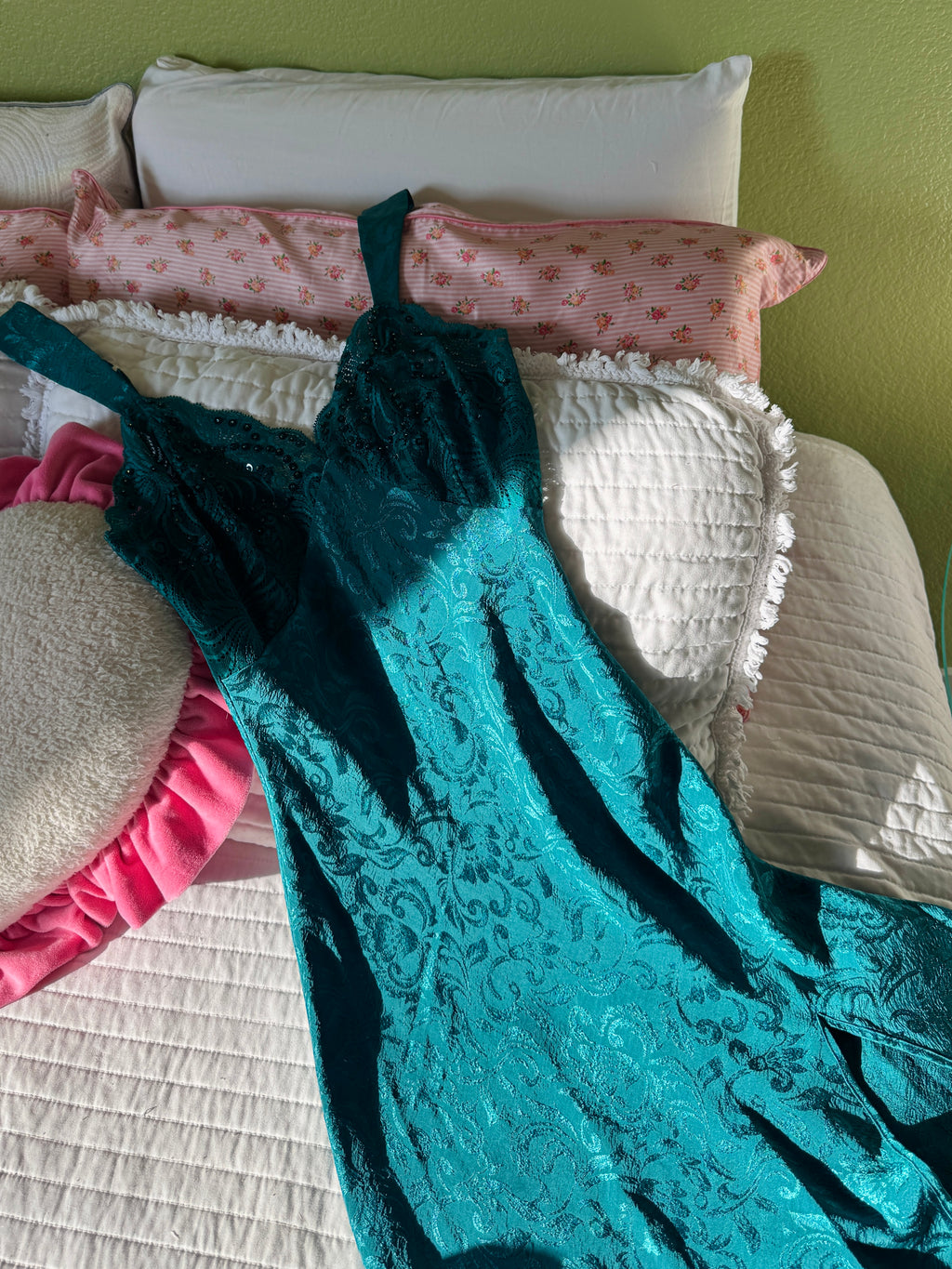 80s Emerald Green Victoria’s Secret Jacquard Beaded Lace Mermaid Slip Dress