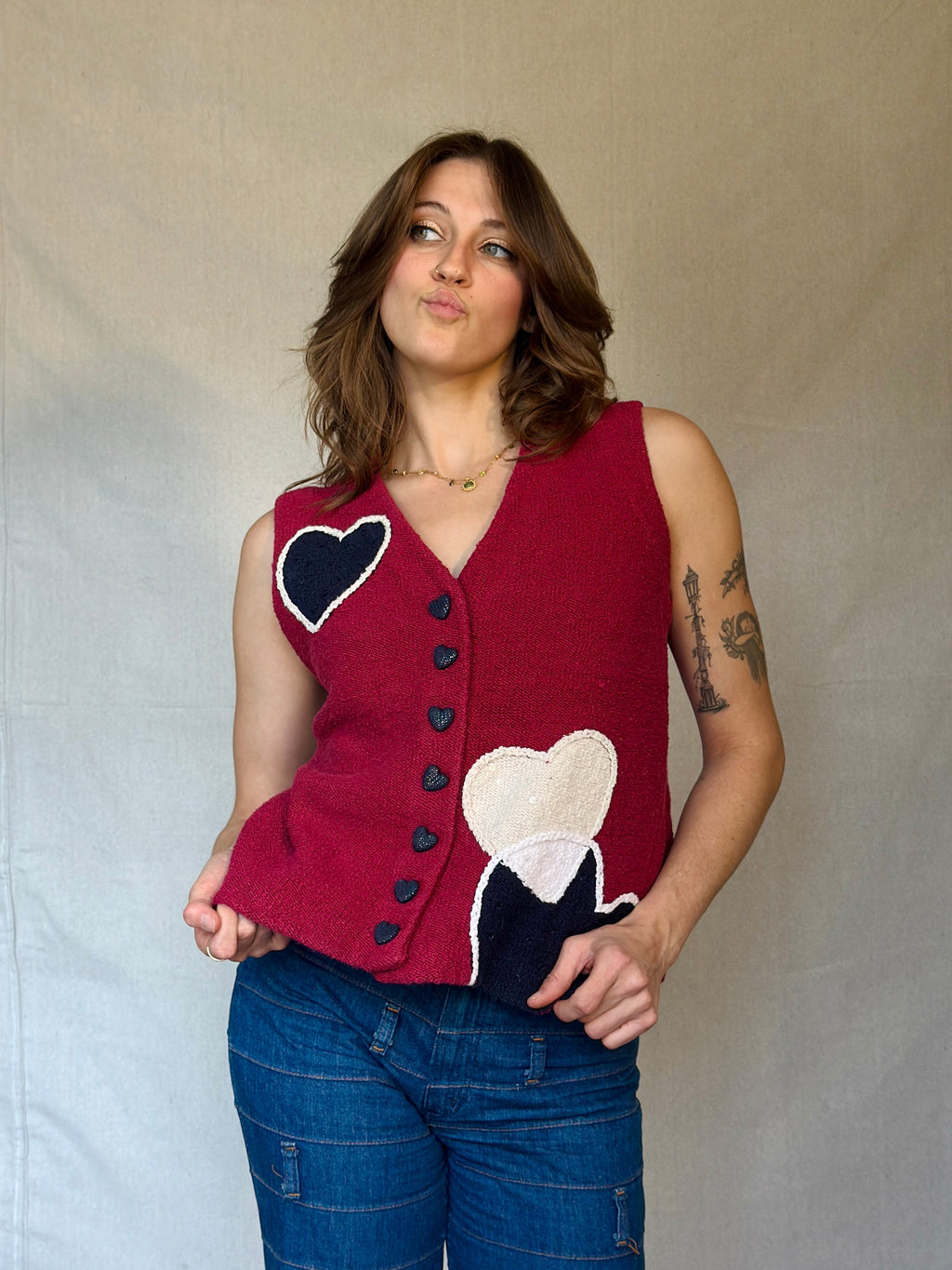 Y2K Red Cotton Knit Heart Sweater Vest