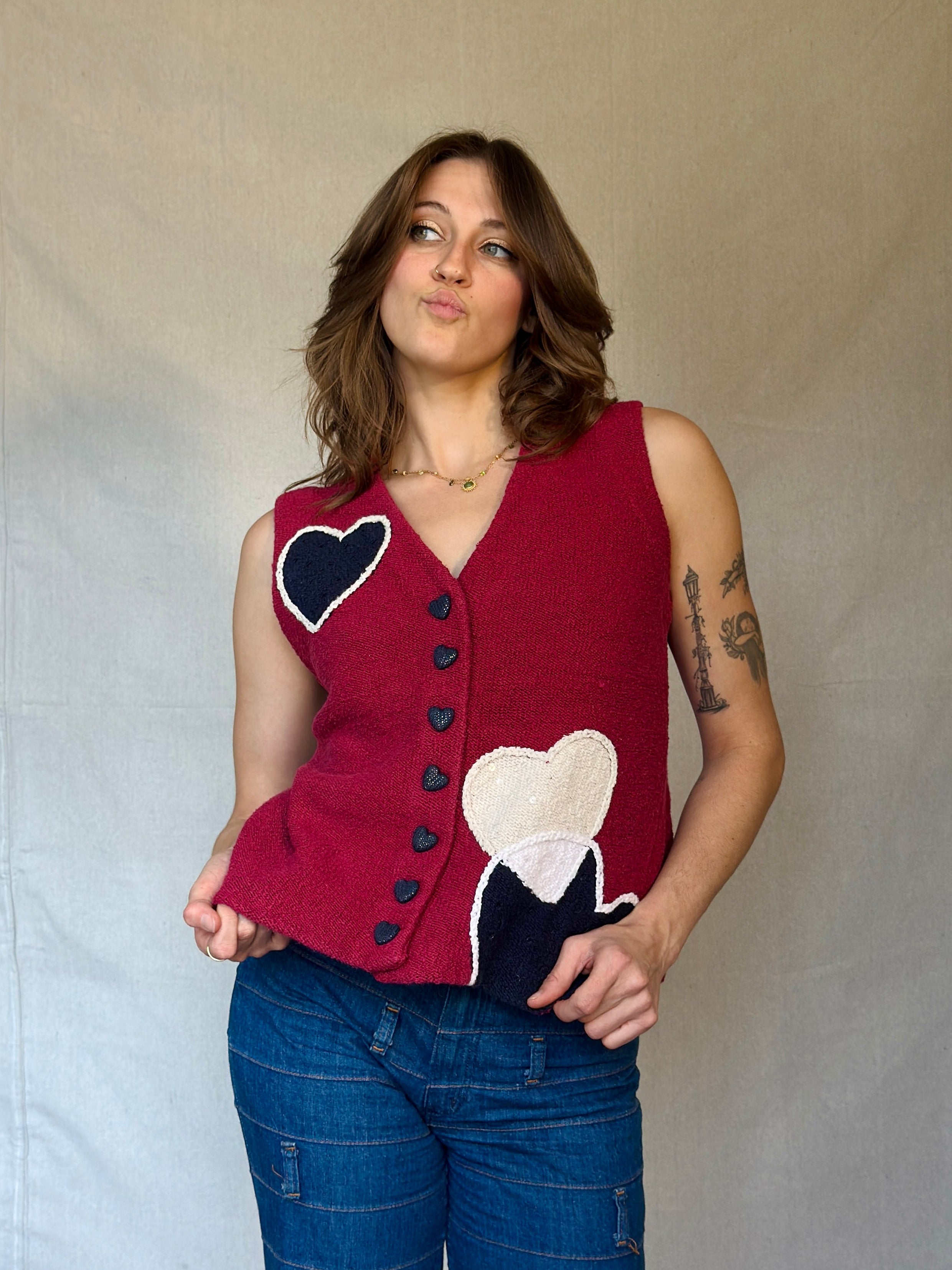 Y2K Red Cotton Knit Heart Sweater Vest