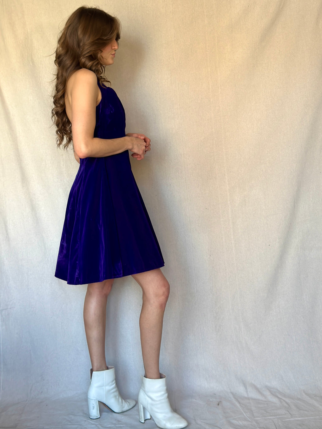 90s Purple Velvet Halter Mini Cocktail Dress