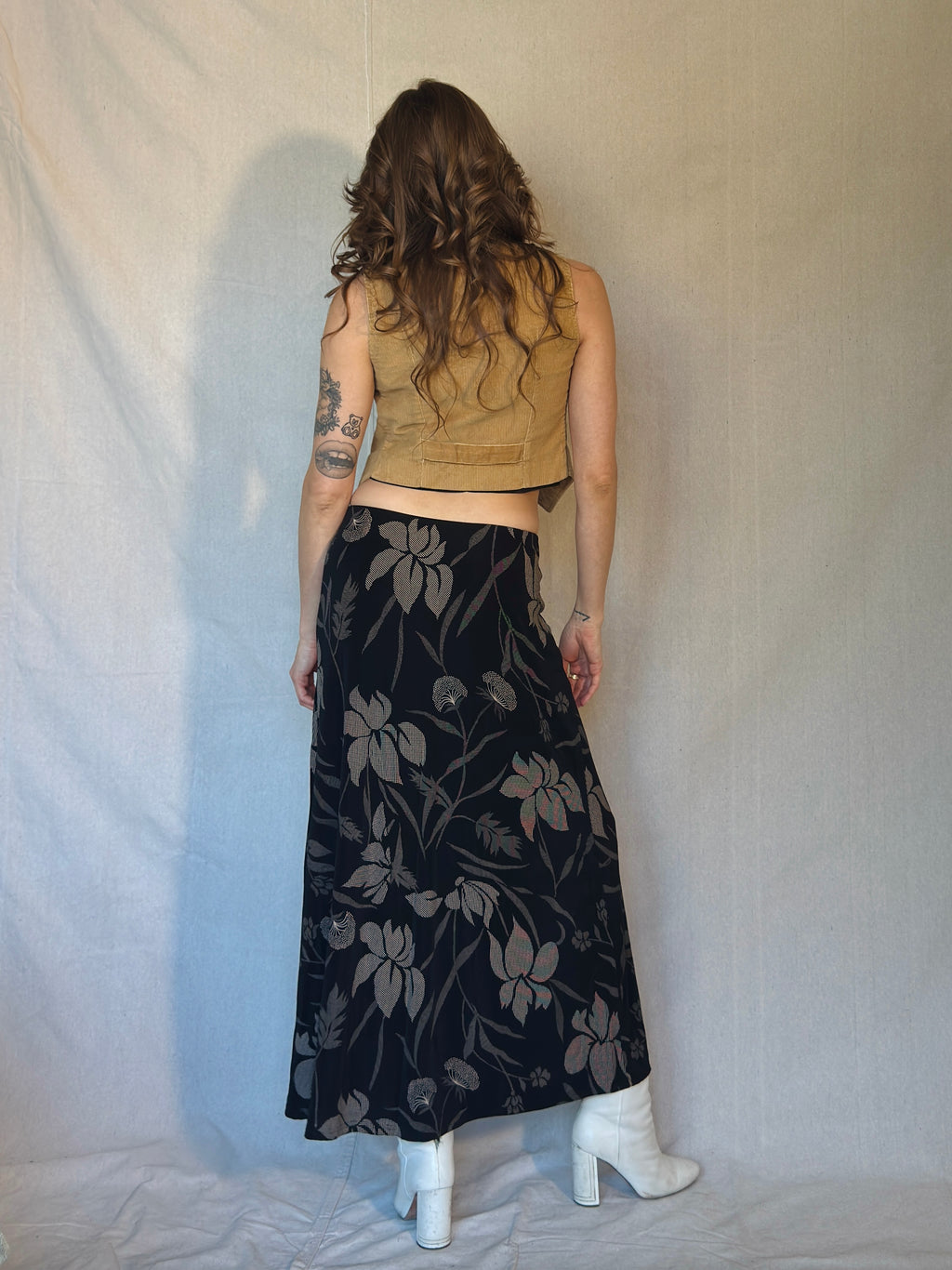 90's Black Floral Button Front Midi Skirt
