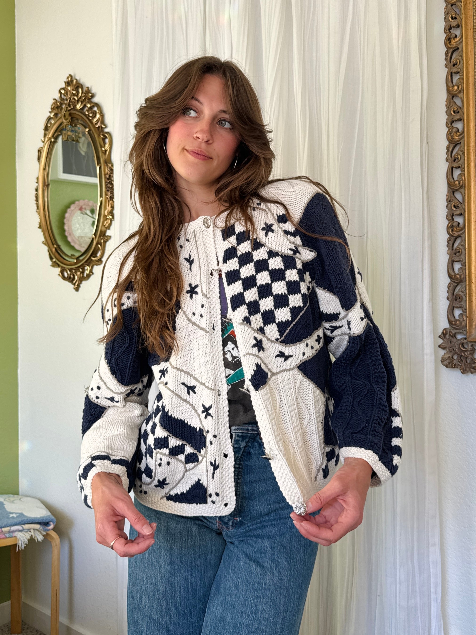 90s Cottagecore Blue & White Granny Cardigan Sweater