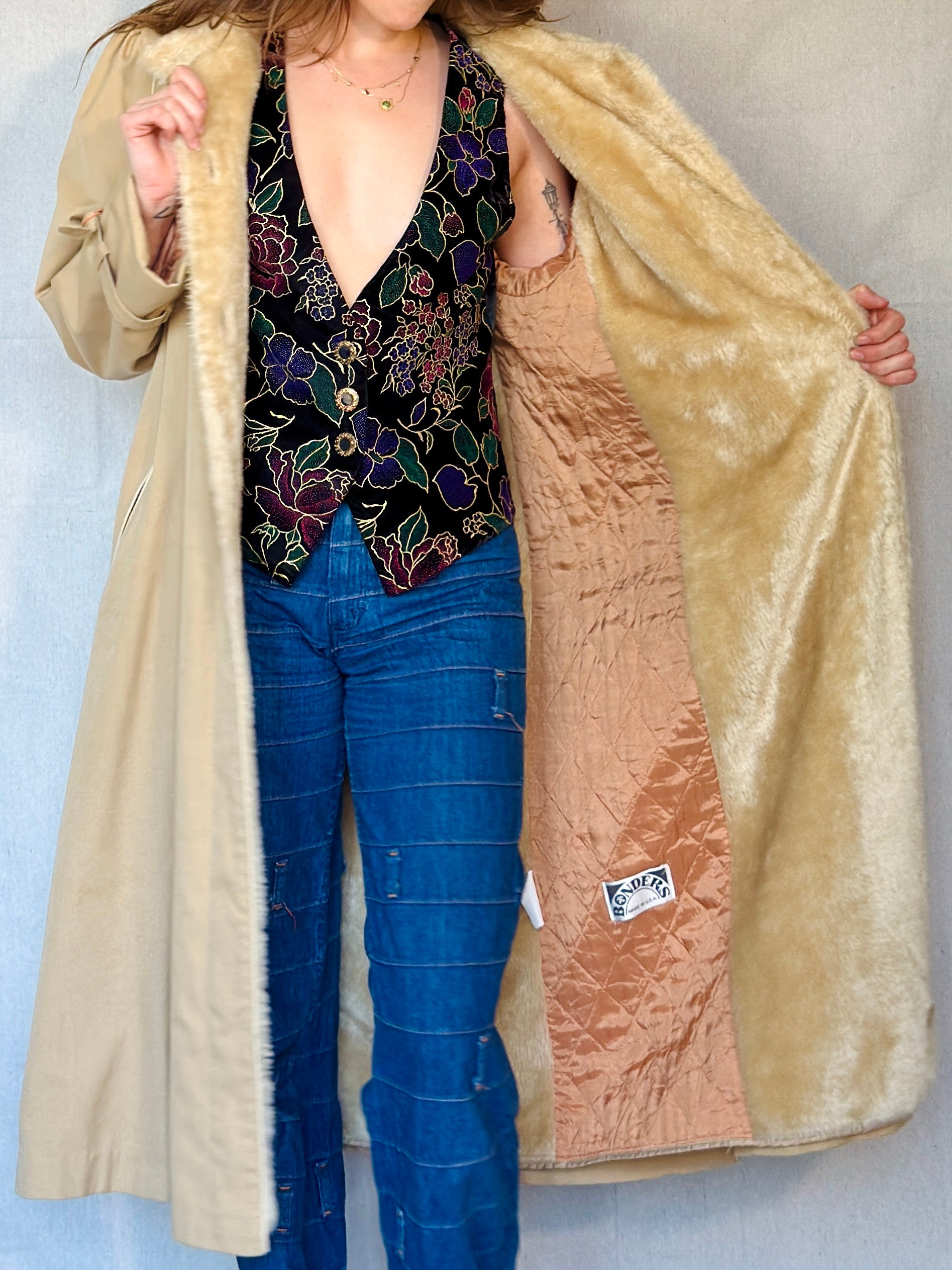 70s Tan Faux Shearling Trench Coat