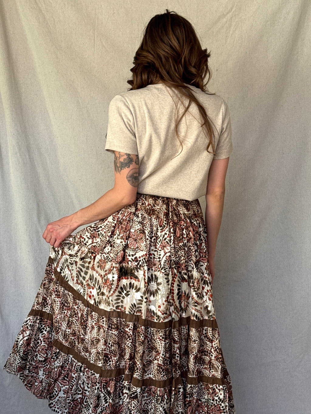 Y2K Brown & Orange Silk Layered Chicos Maxi Skirt