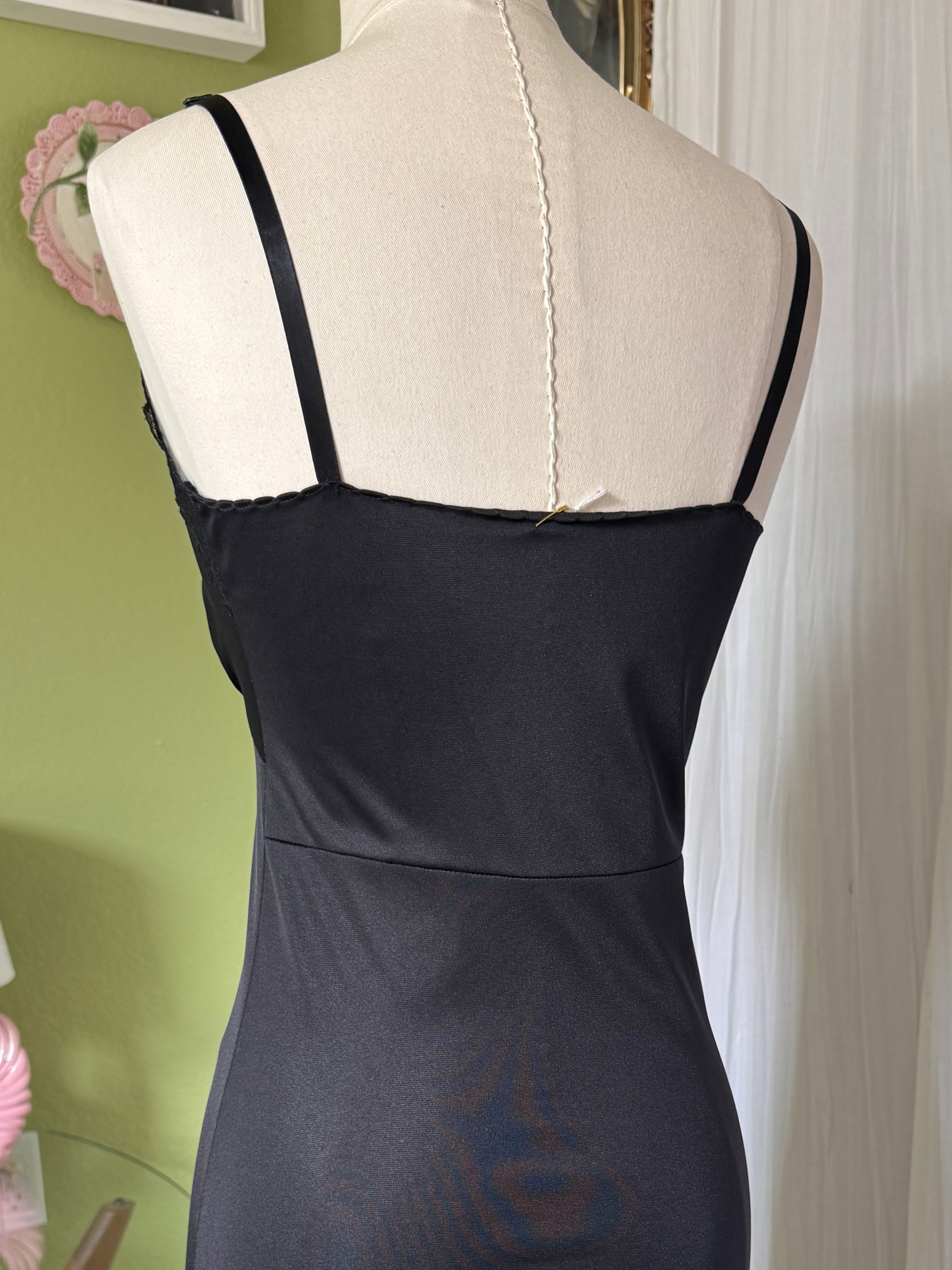 60s Black Lace Slip Dress Rosette Detail
