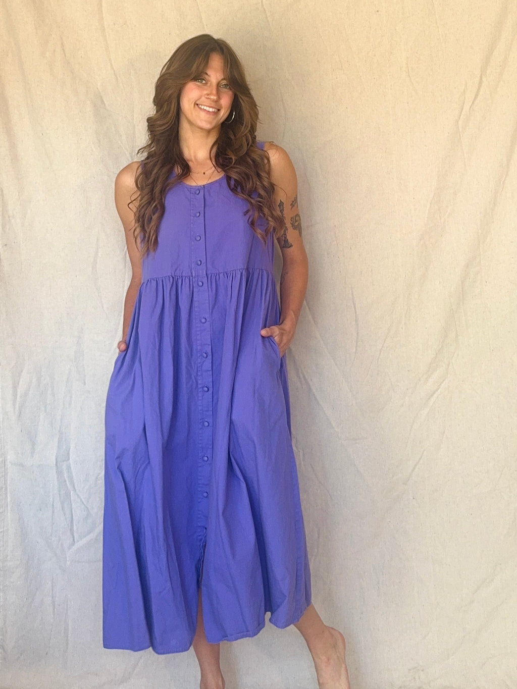 80s Periwinkle Purple Cotton Button Up Pinafore Jumper Dress