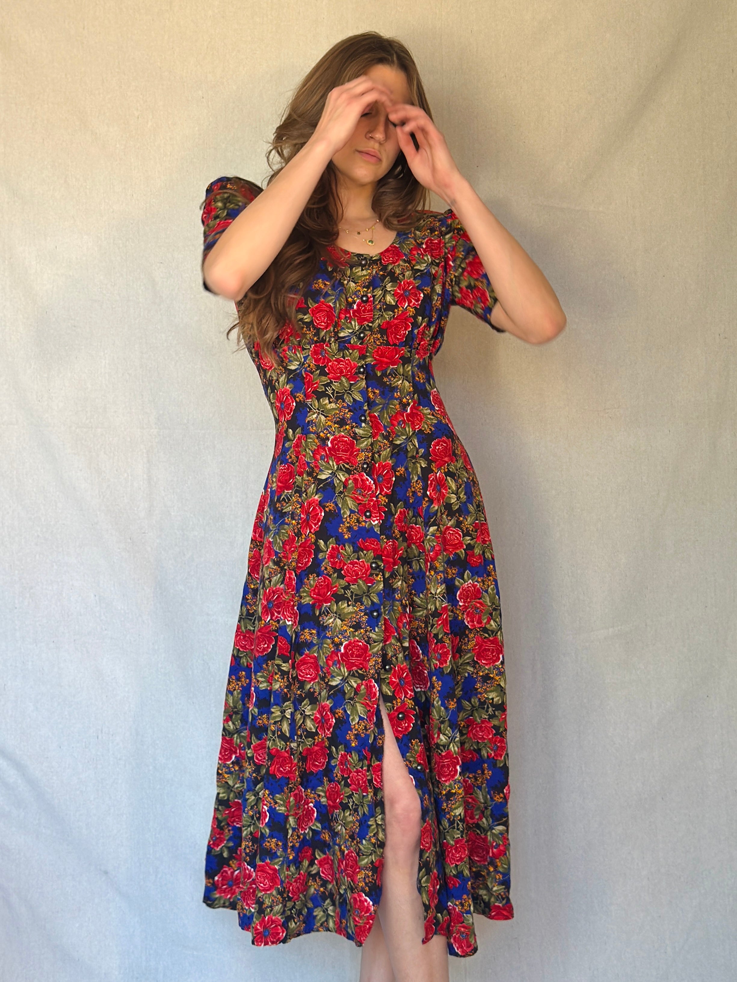 80s Blue Floral Print Button Dress
